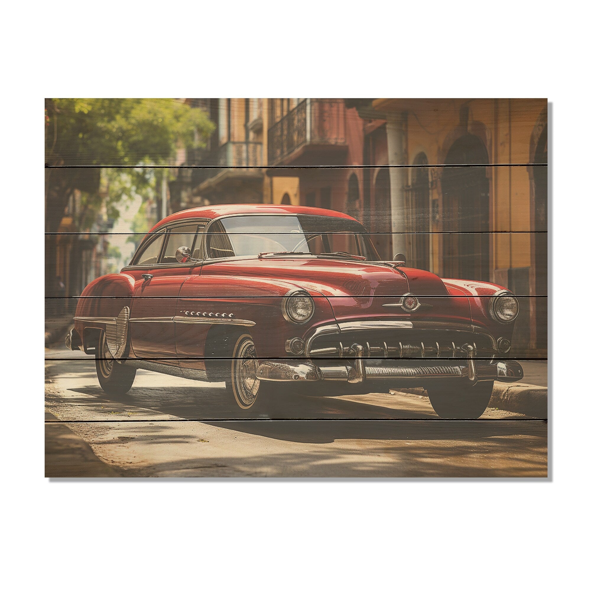 Designart Cuba Classic Iconic Car Cuba Landscape Wood Wall Decor - Traditional Red Wood Panel On Natural Pine Wood