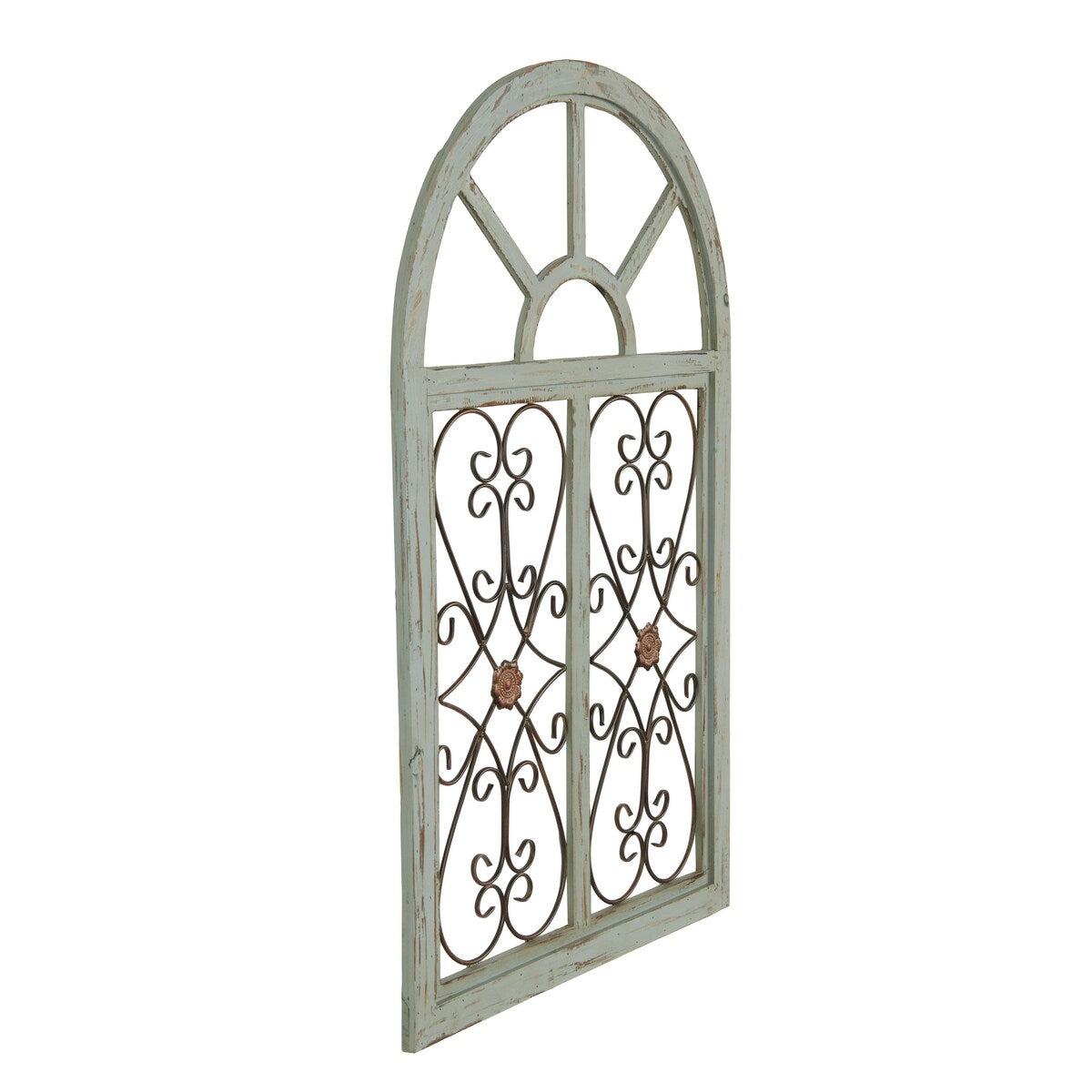 Wood Scroll Arched Window Inspired Home Wall Decor with Metal Scrollwork Relief - Light Blue - Roche River Decor