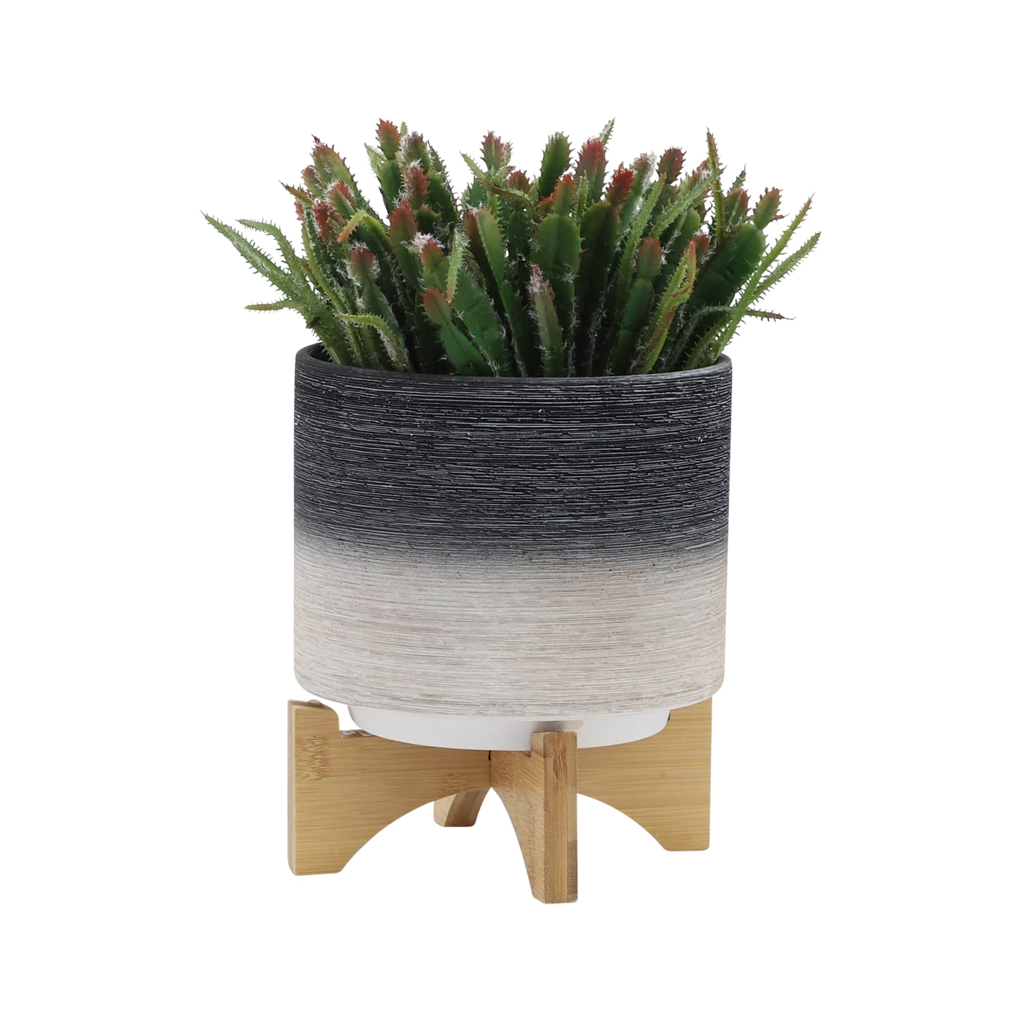 Sagebrook Home Modern Neutral Two Toned Ceramic Planter with Solid Rubberwood Stand