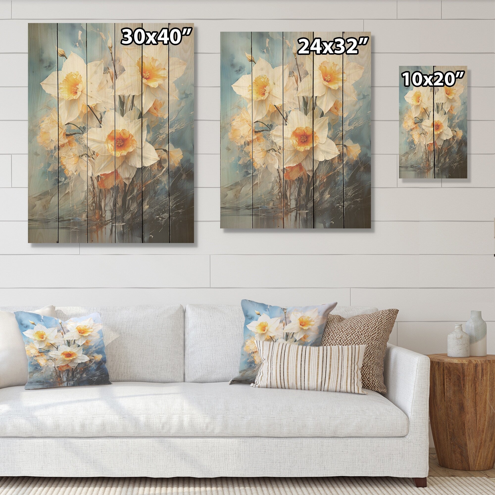 Designart Soft Neutrals Gray White Daffodils Bloom Daffodils Wood Wall Decor - Grey Wood Panel On Natural Pine Wood