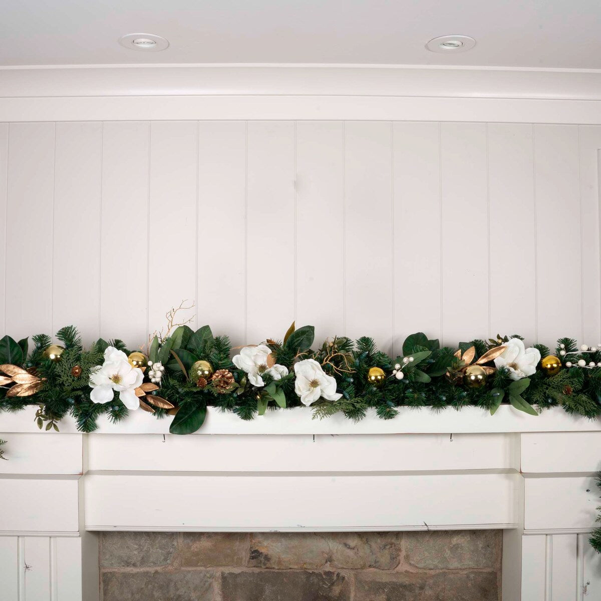 9 ft. Artificial Christmas Garland with Lights - White Gold Magnolia - 9 Foot