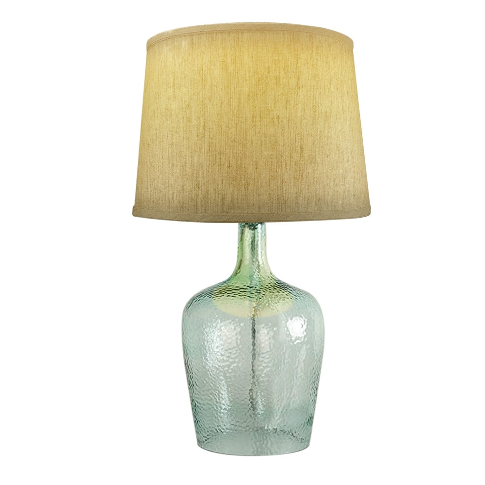 19h Artisanal Hand-Blown Aqua Green Sea Glass Coastal Style Table Lamp with Textured Oatmeal Drum Shade