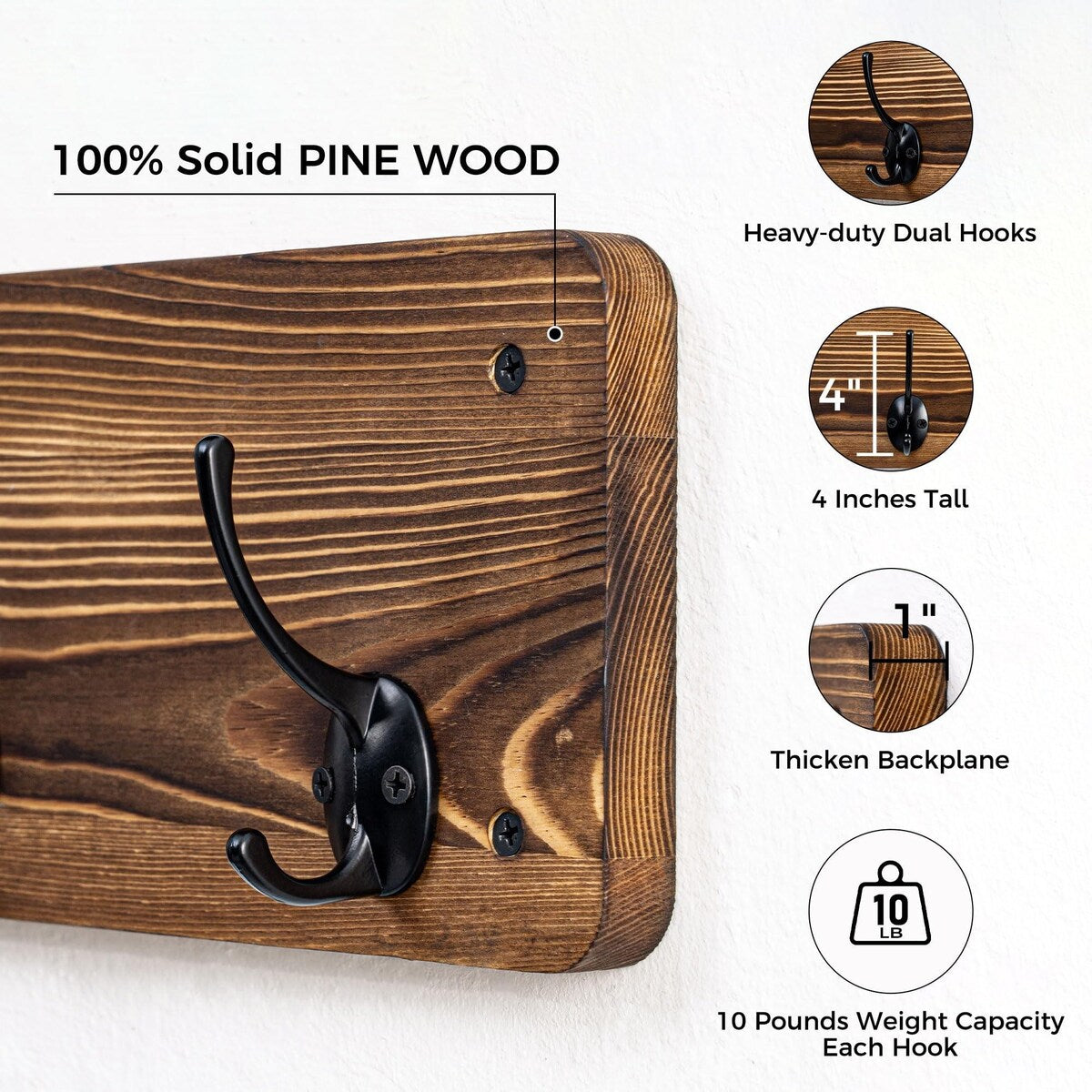 Solid Wood Wall 12 - Hook Coat Rack with Shelf