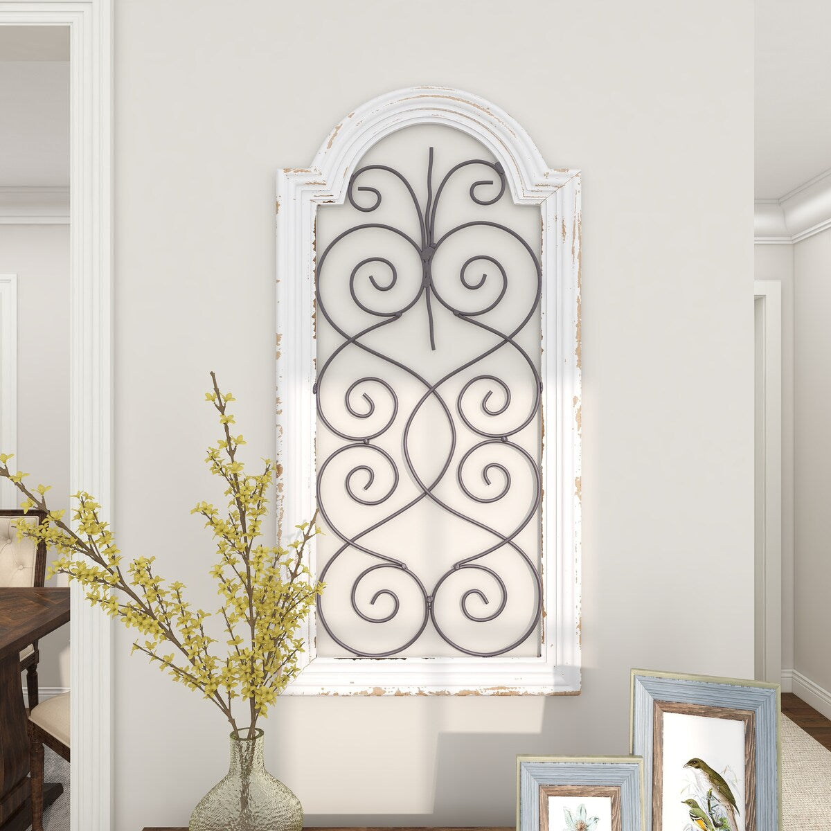 Wood Scroll Arched Window Inspired Home Wall Decor with Metal Scrollwork Relief - White - Roche River Decor