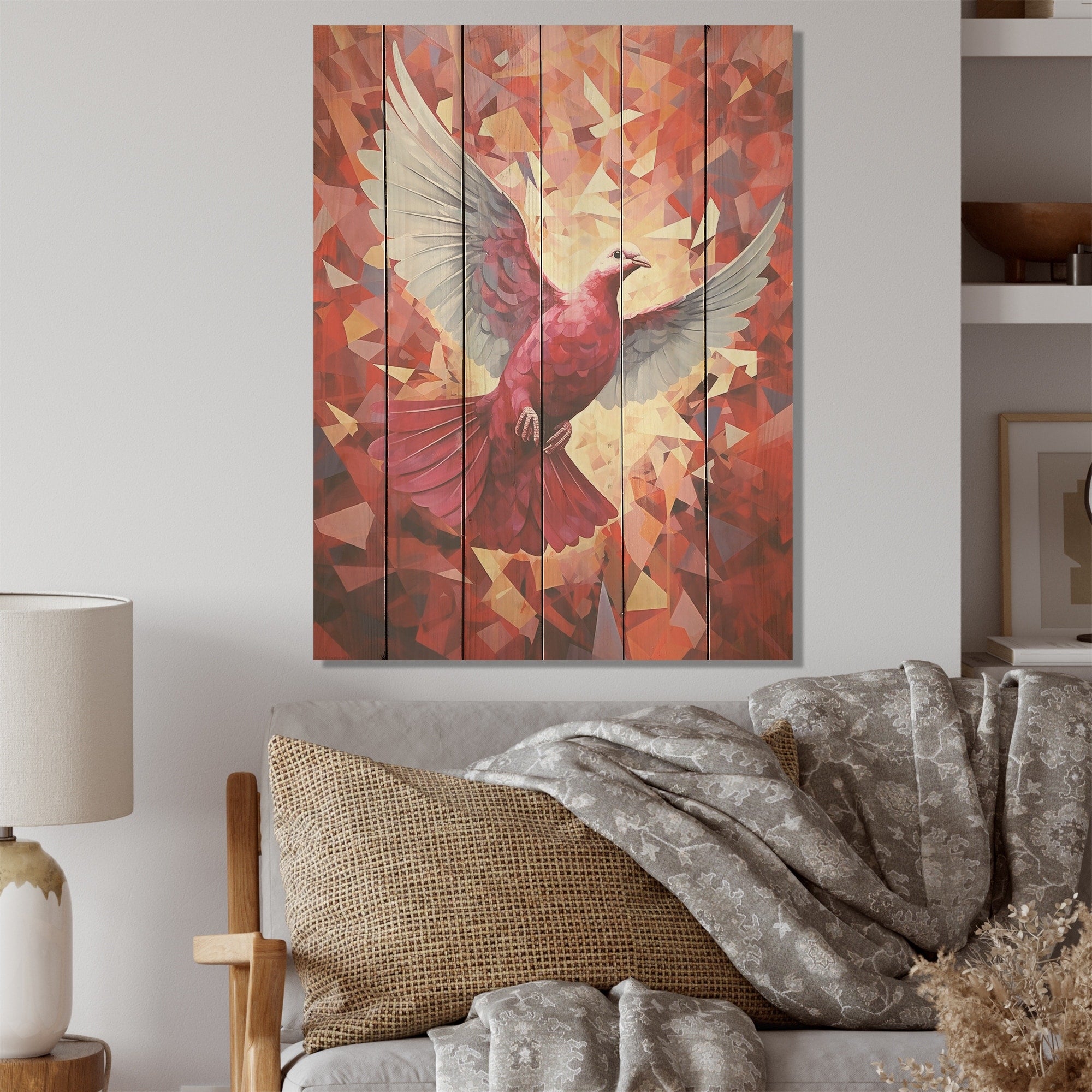 Designart Messenger Dove I Dove Wood Wall Decor - Modern Coral Wood Panel On Natural Pine Wood