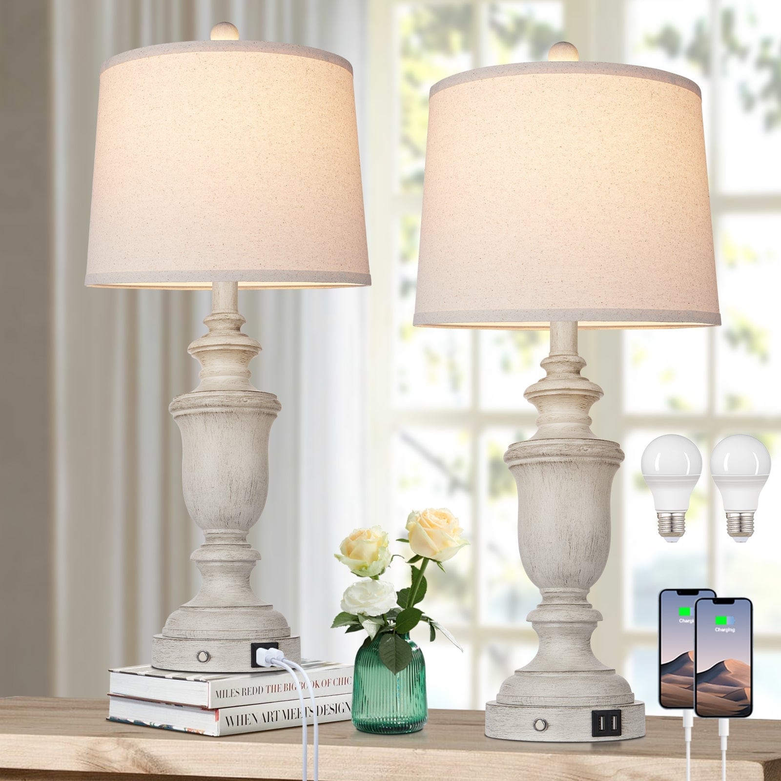 White Resin Table Lamps USB Charging Ports 3-Way Touch Switch (Set of 2) - 12.5'' x 12.5'' x 25.6'' (L x W x H)