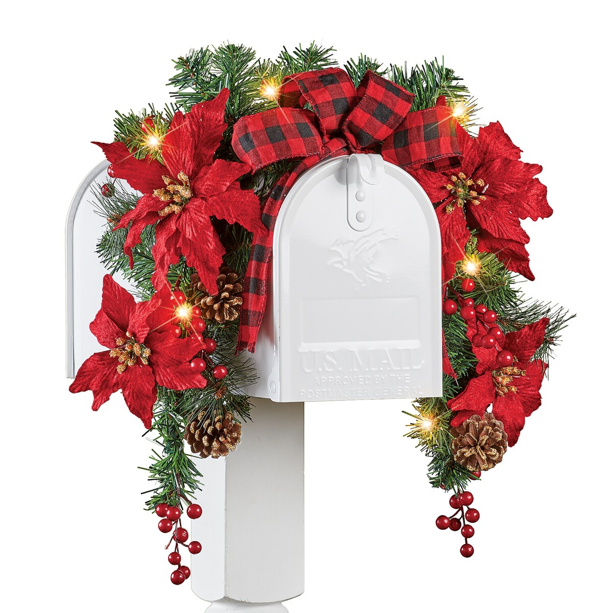 Solar Poinsettia Mailbox Swag with Buffalo Check Bow - 16.500 x 6.750 x 4.880