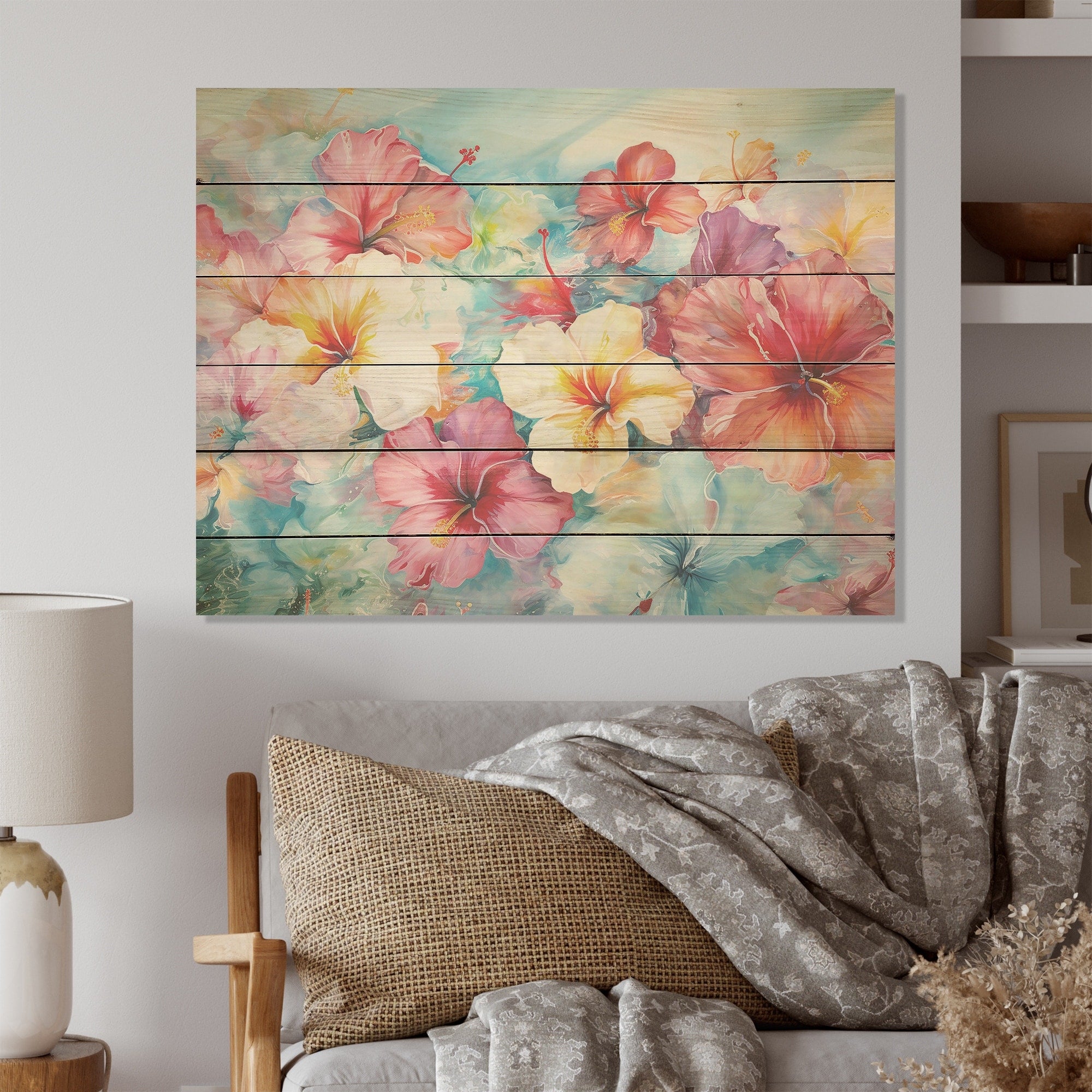 Designart Hibiscus Bliss Flower Blooms I Flower Field Wood Wall Decor - Multicolor Wood Panel On Natural Pine Wood