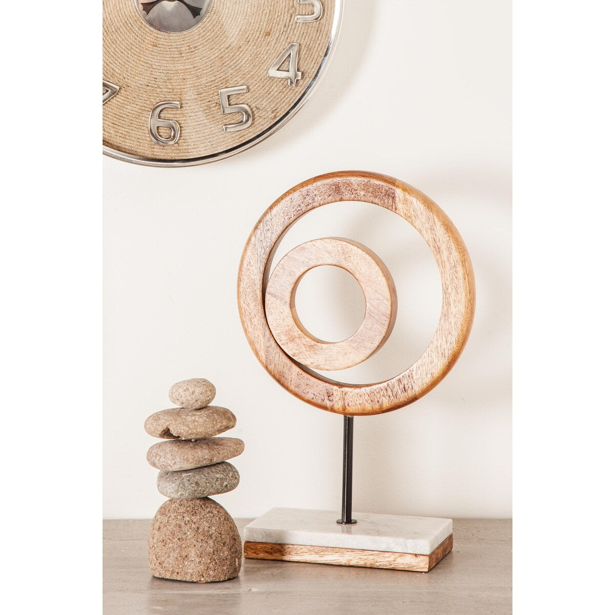 Mango Wood Geometric Circle Decorative Sculpture with Marble Stand - Brown - Roche River Decor