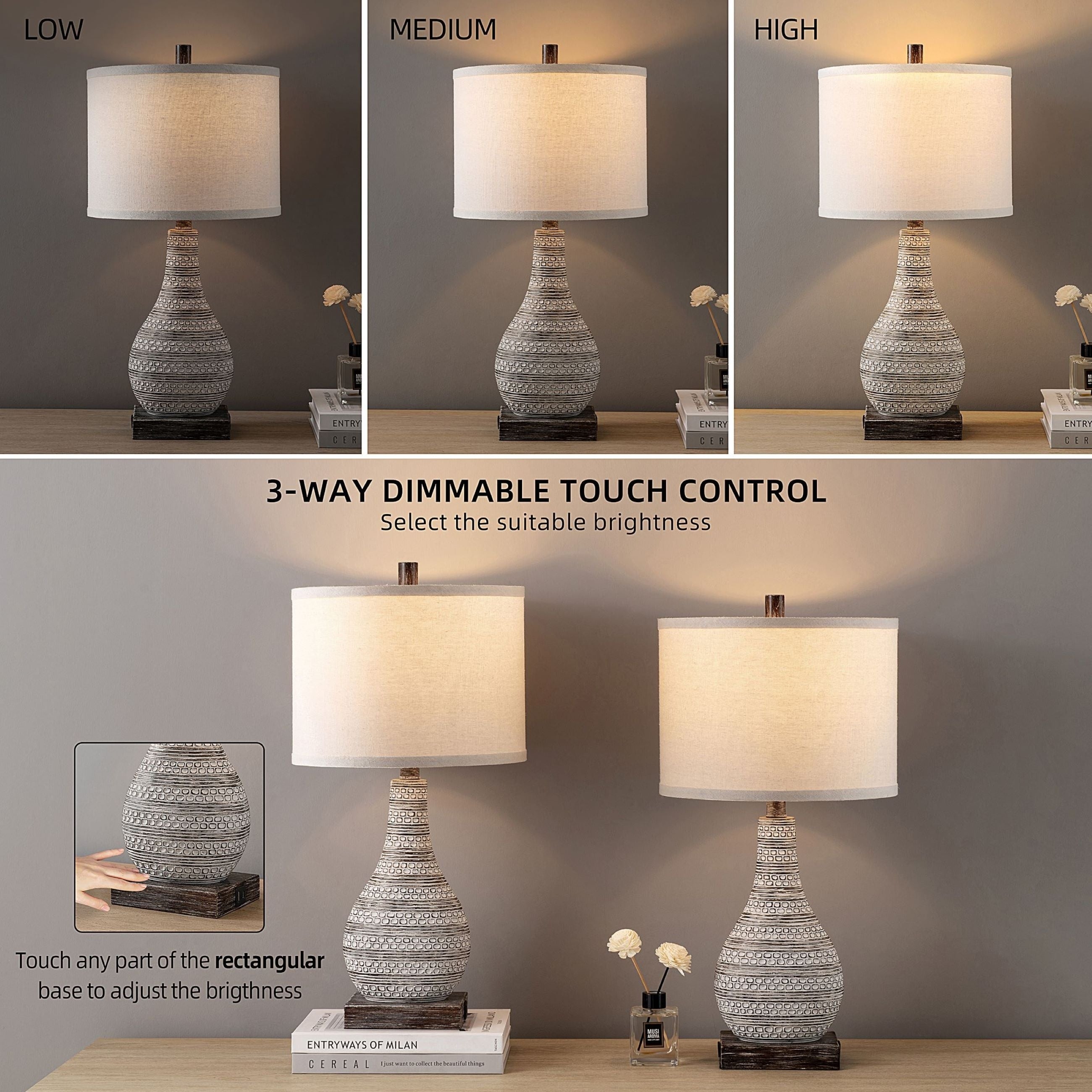 KAWOTI Touch Control Table Lamp Set with USB Ports (Set of 2)