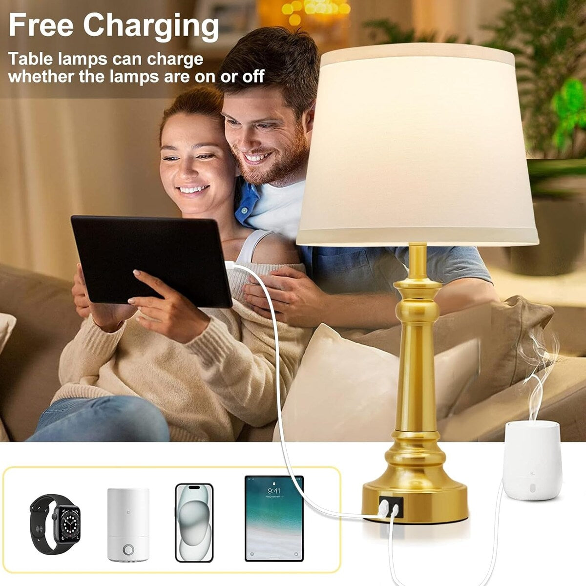 Table Lamps with 2 USB Charging Ports, 3 Ways Dimmable Touch Control Nightstand Bedside Lamps Bedroom Decor