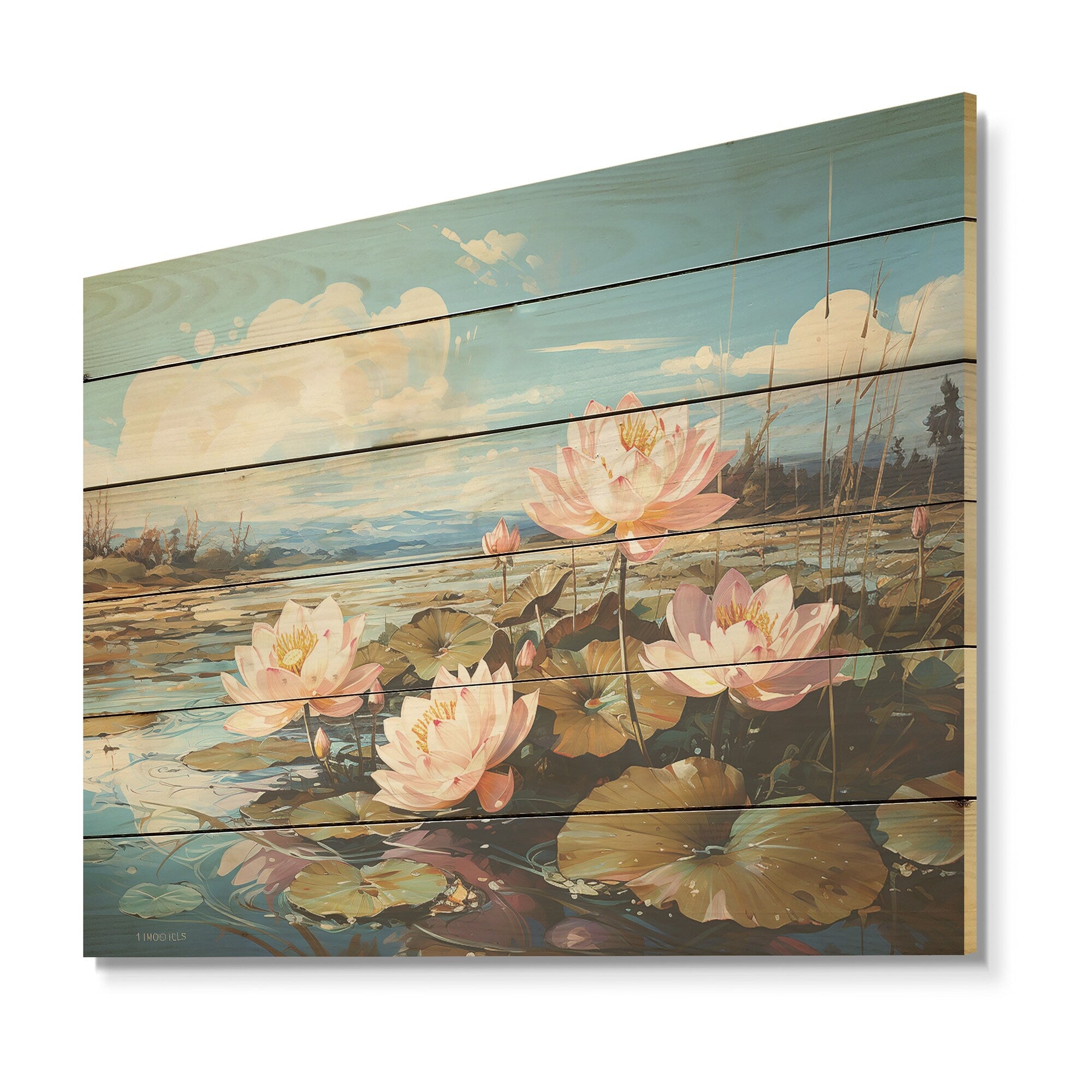 Designart By The Lake Lotus Liquid Art Lotus Wood Wall Decor - Modern Pink Wood Panel On Natural Pine Wood