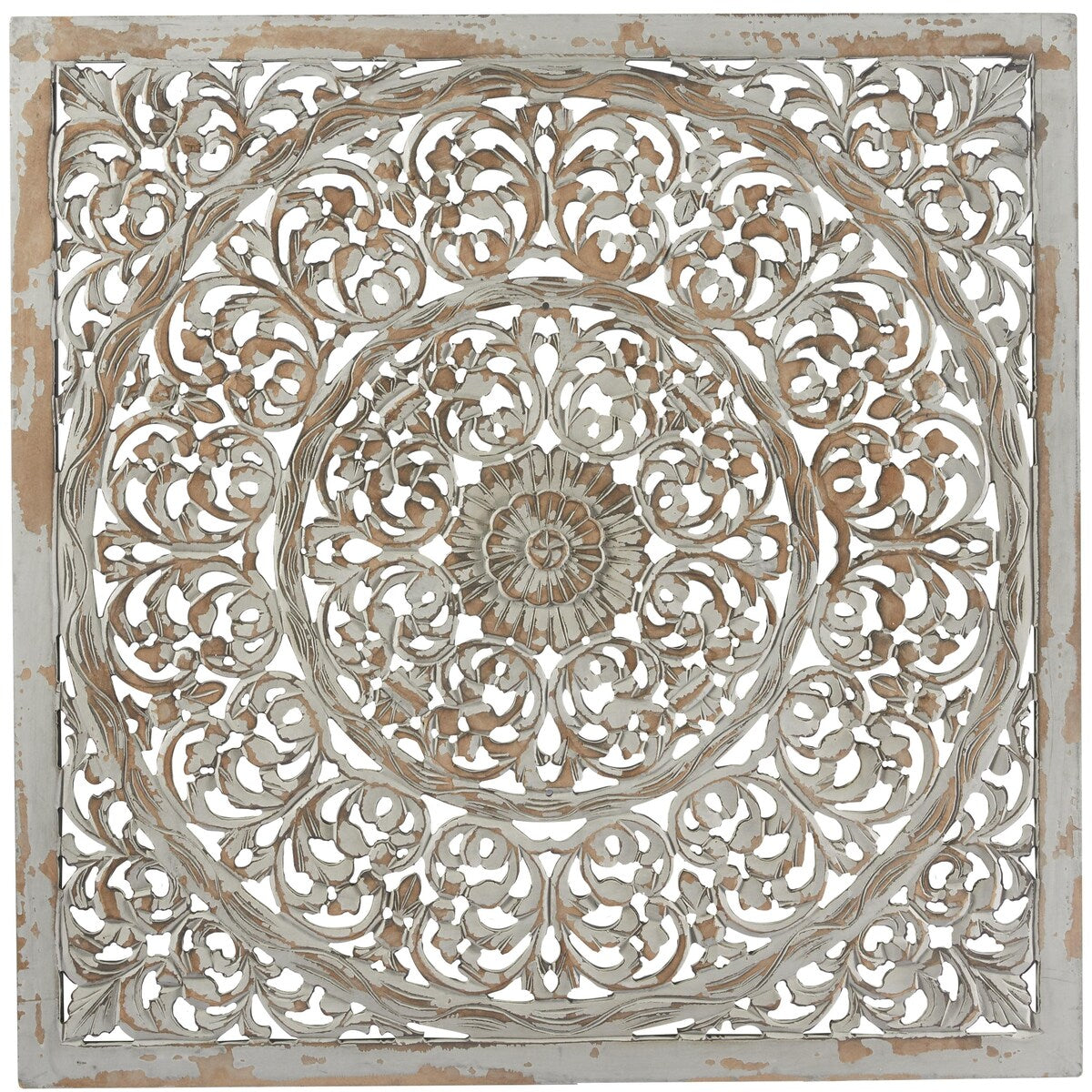 Wooden Floral Handmade Carved Scroll Mandala Home Wall Decor with Brown Distressing - Gray - Roche River Decor