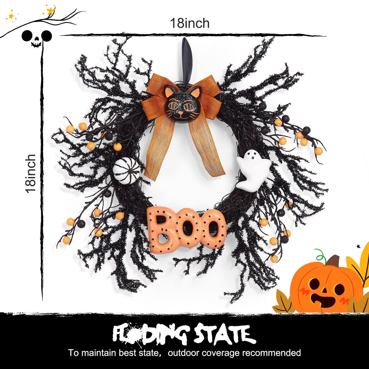 18Inch Halloween Wreath with Cat Boo Sign, Pumpkin, Ghost