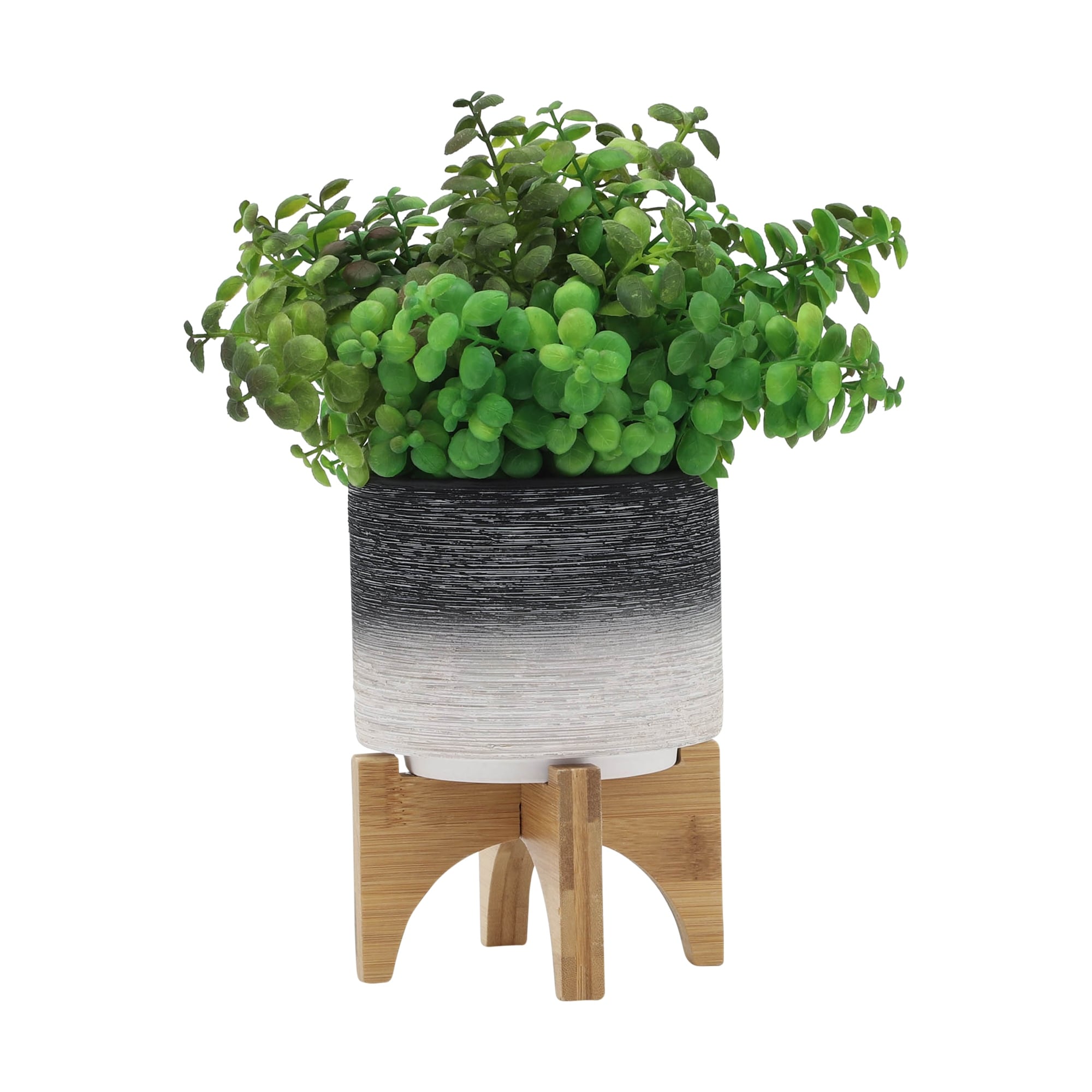 Sagebrook Home Modern Neutral Two Toned Ceramic Planter with Solid Rubberwood Stand