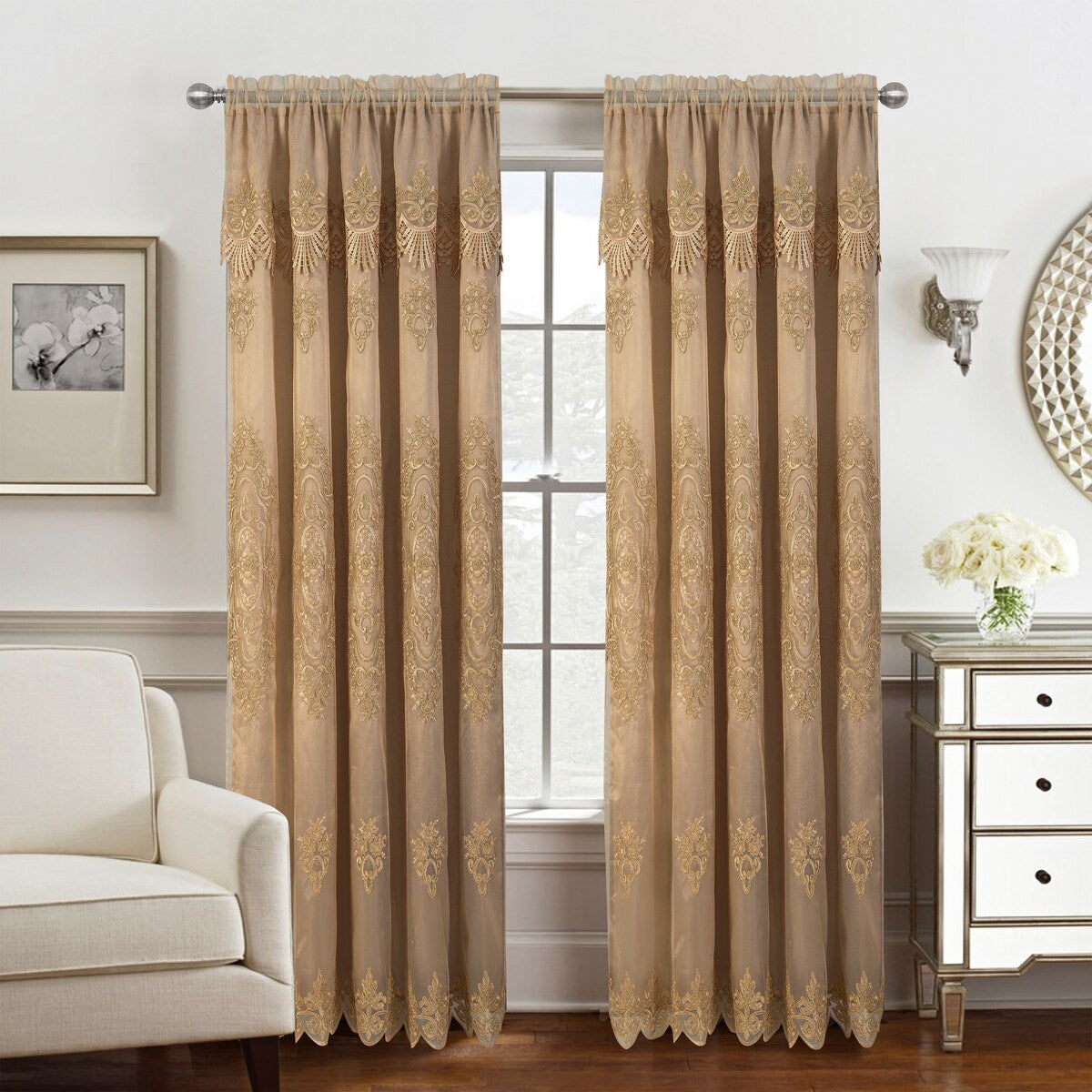 Dayton Embroidered Window Curtain Panel with Attached Valance