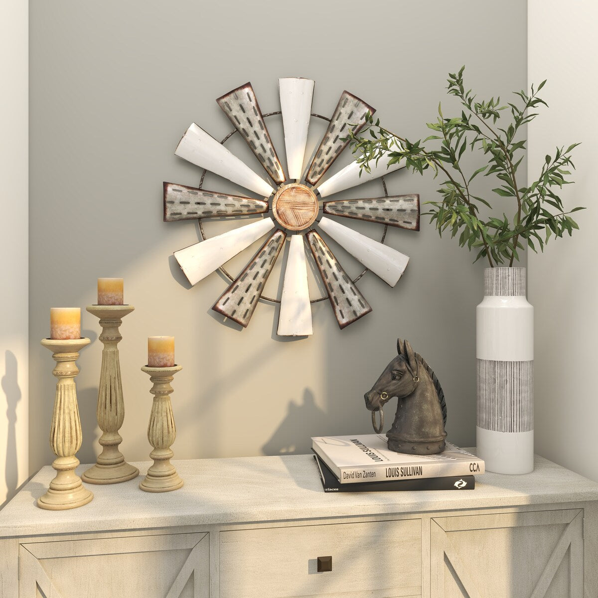 Metal Windmill Home Wall Decor with Galvanized Metal Accents - White - Roche River Decor