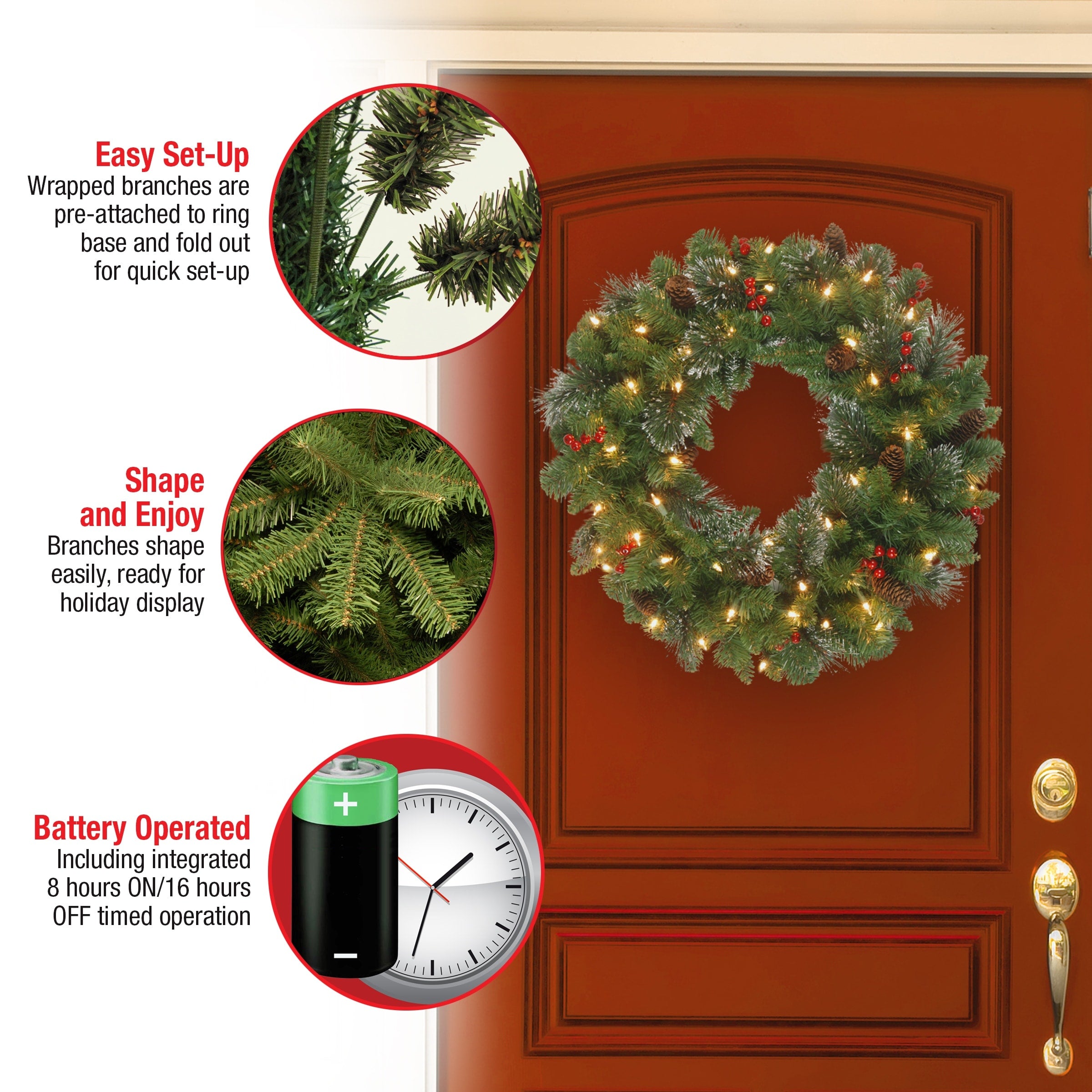 National Tree Company 24 in. Holiday Spruce Wreath with Clear Lights - 24 IN