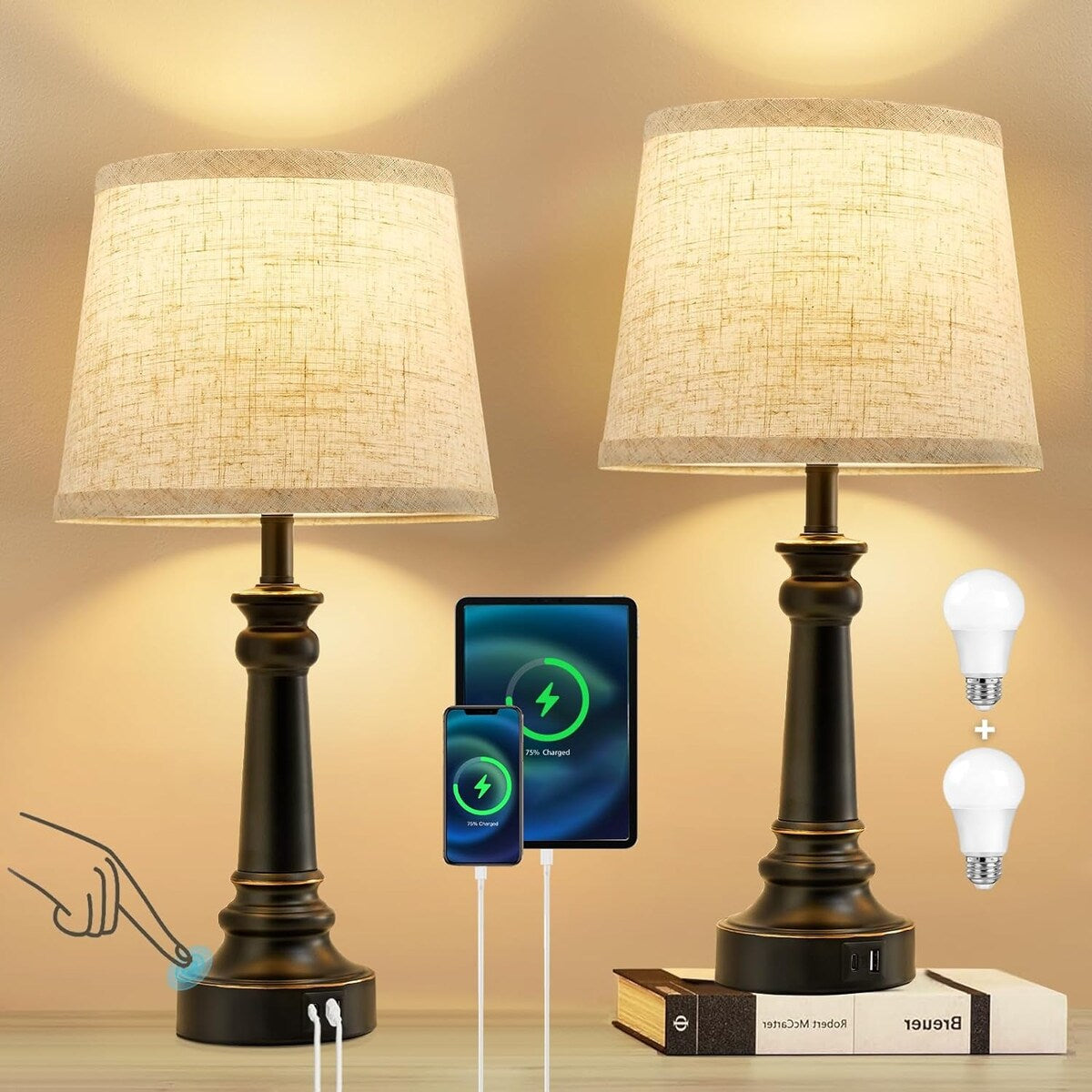 Table Lamps with 2 USB Charging Ports, 3 Ways Dimmable Touch Control Nightstand Bedside Lamps Bedroom Decor