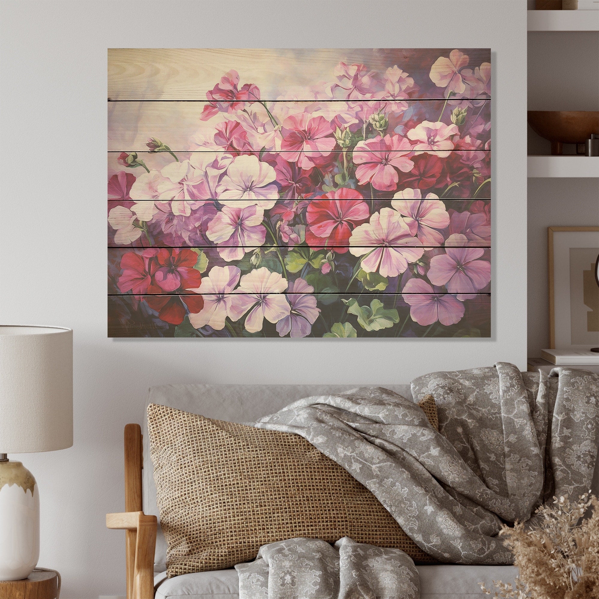 Designart Pink Geraniums Still Life Bloom Flowers Wood Wall Decor - Traditional Pink Wood Panel On Natural Pine Wood