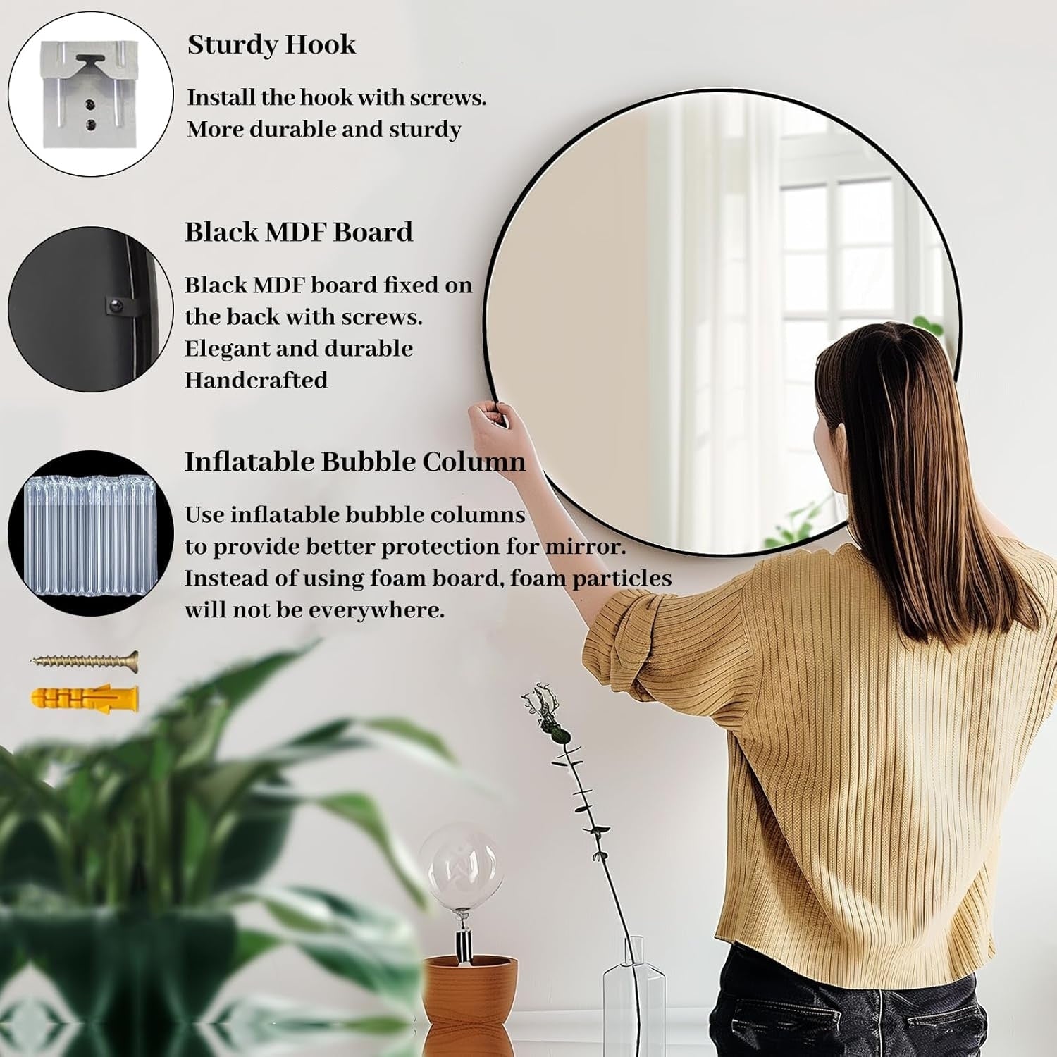 Round Wall Mirror - Black Bathroom Mirror with Metal Frame - Modern Hanging Mirror for Entryway, Bathroom, Vanity, Living Room