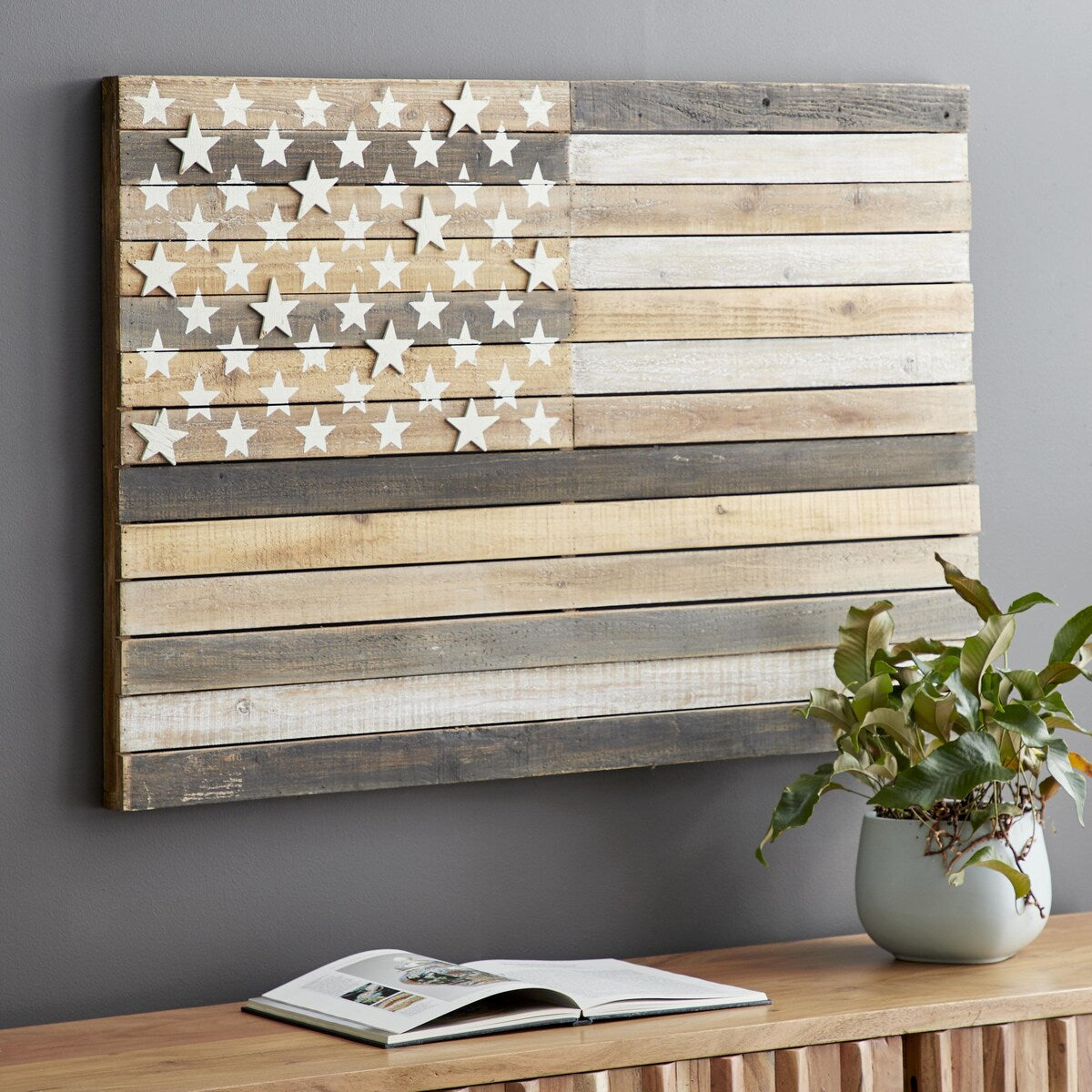 Wood American Flag Handmade Washed Home Wall Decor with Slatted Panels and Cream Stars - Brown - Roche River Decor