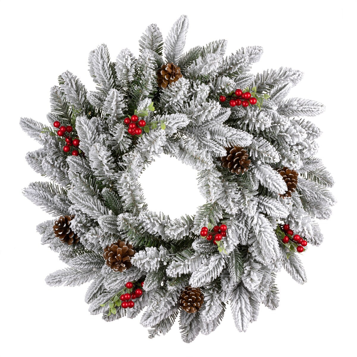 National Tree Company 2 ft. Pre-lit Feel Real Snowberry Pine Artificial Christmas Wreath with Red Berries, Cypress Tips - 2 Foot