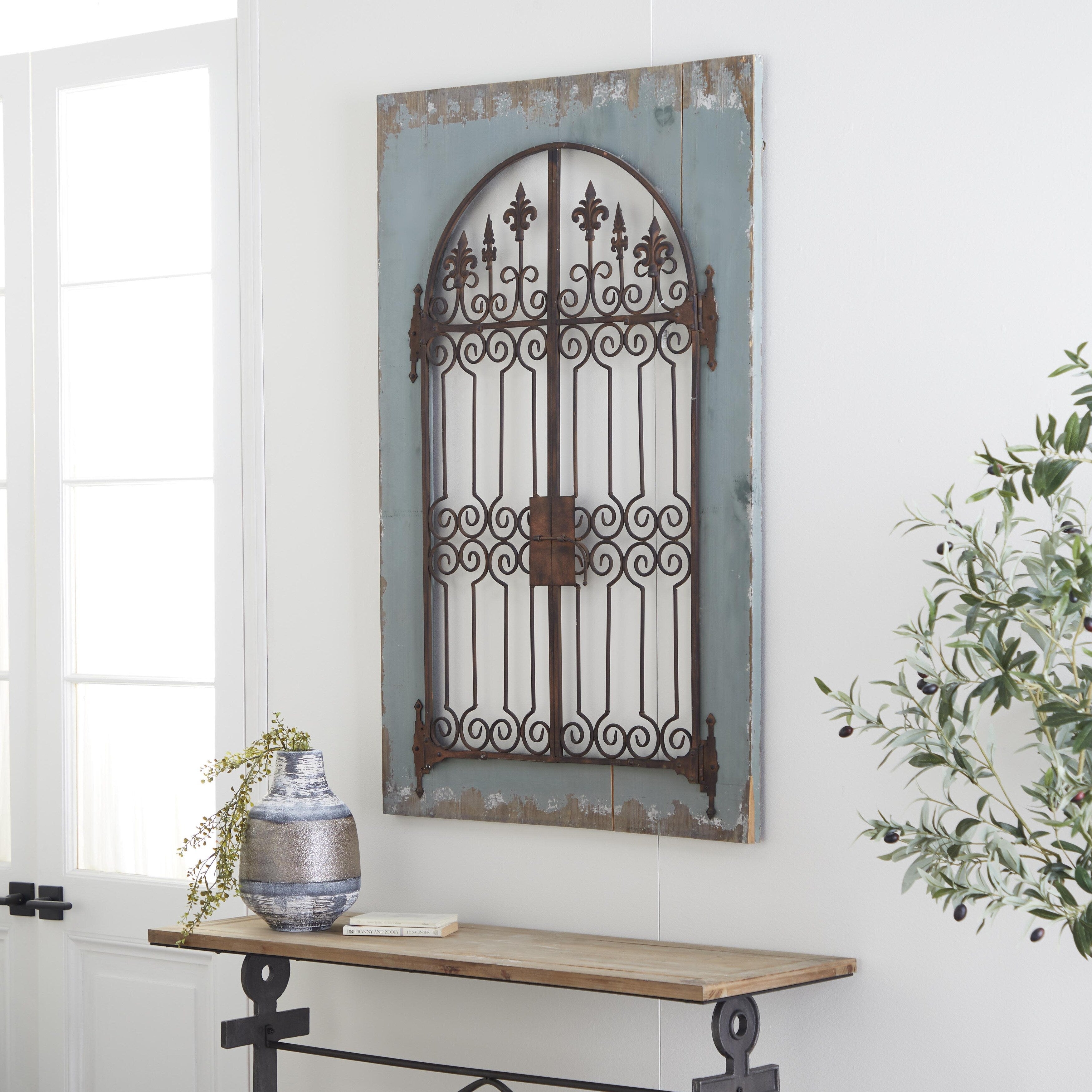 Wood Fleur De Lis Arched Windowpane Home Wall Decor with Rust Metal Scrolled Gate - Blue - Roche River Decor