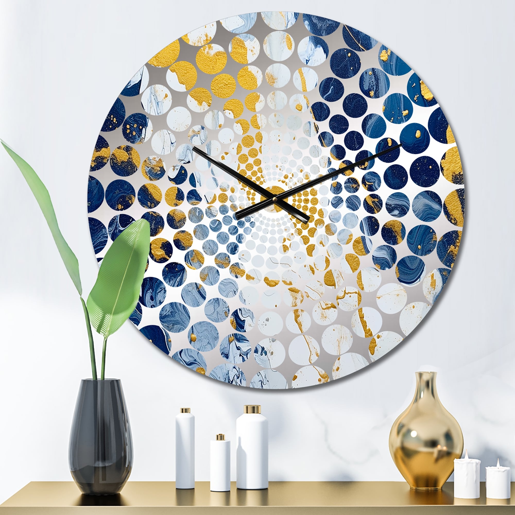 Designart Blue and Gold Luxury Abstract Fluid Art XI Blue Fractals Clocks Modern Oversized Wall Clocks For Bedroom