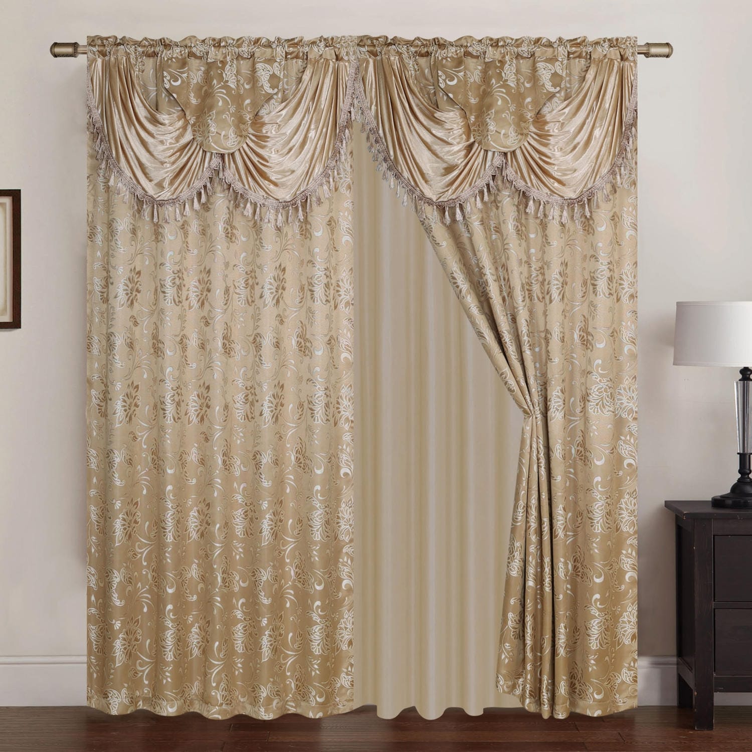 Clayton Jacquard Rod Pocket Curtain Panel Pair with Attached Valance