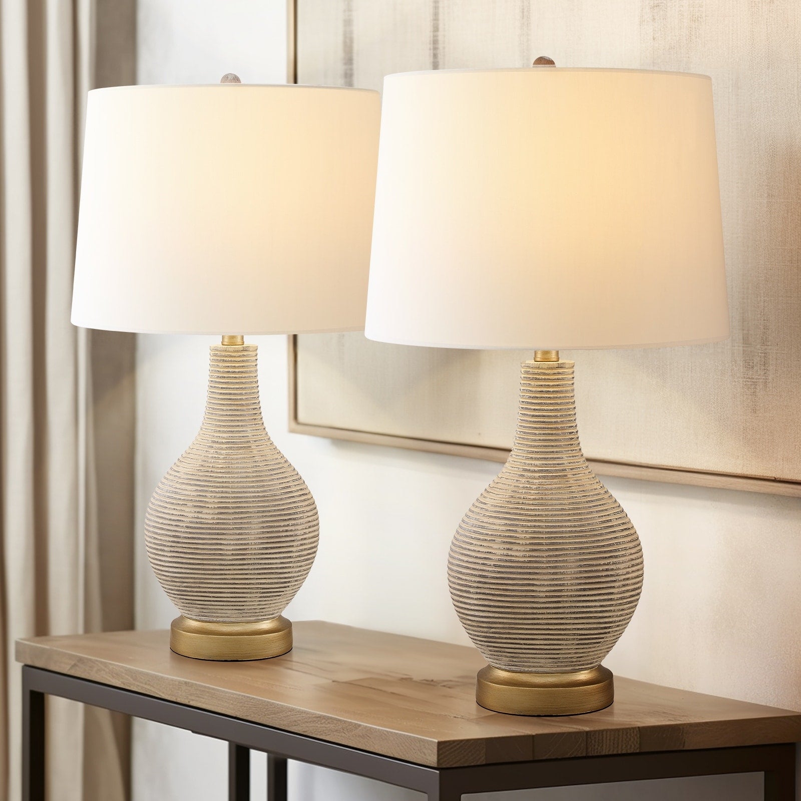 24.5-inch Washed Beige/Gold Farmhouse Table Lamp with White Linen Shade (Set of 2) - 24.5 H