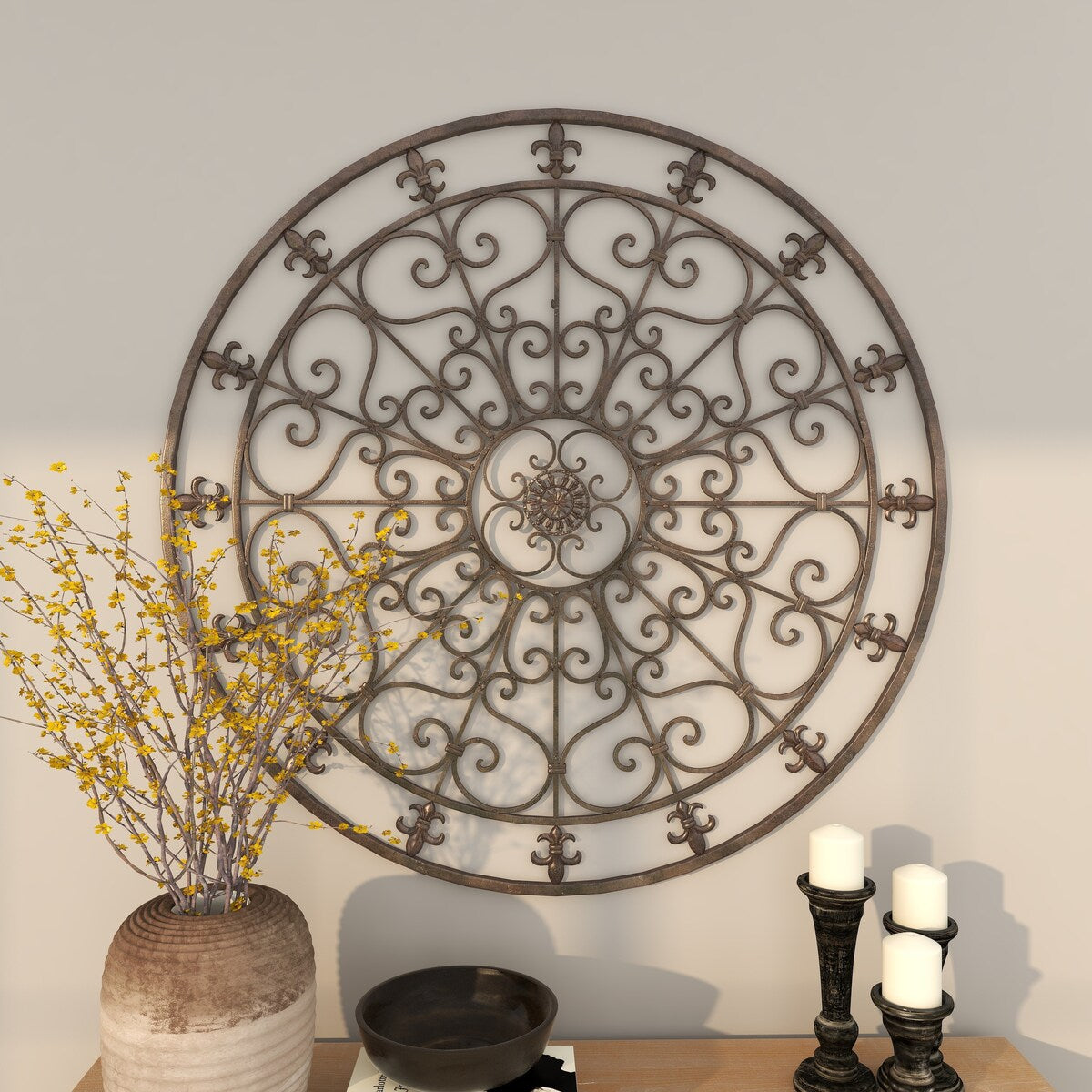 Metal Fleur De Lis Circle Home Wall Decor with Scrollwork - Black - Roche River Decor