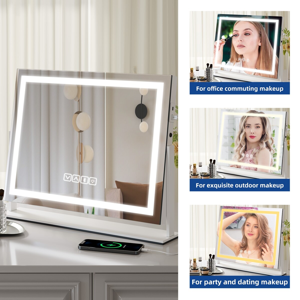 Moasis Makeup Vanity Mirror with LED Light, USB Charging Port 10X Magnification Mirrors with Bluetooth Speaker