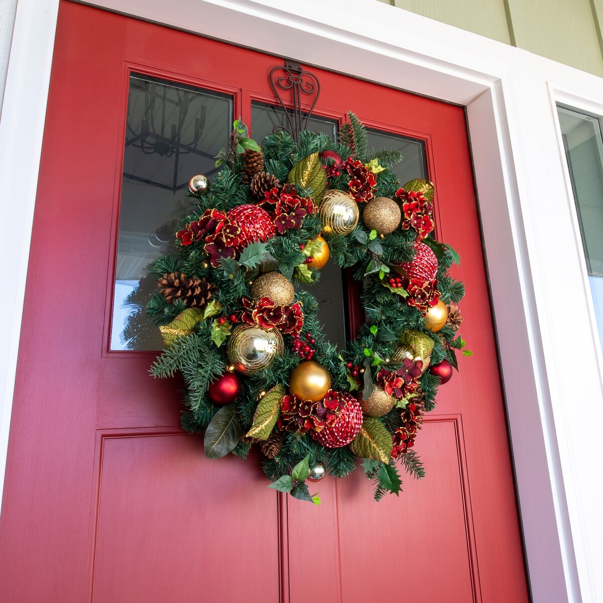 30 in. Lighted Christmas Wreath - Scarlet Hydrangea - Red