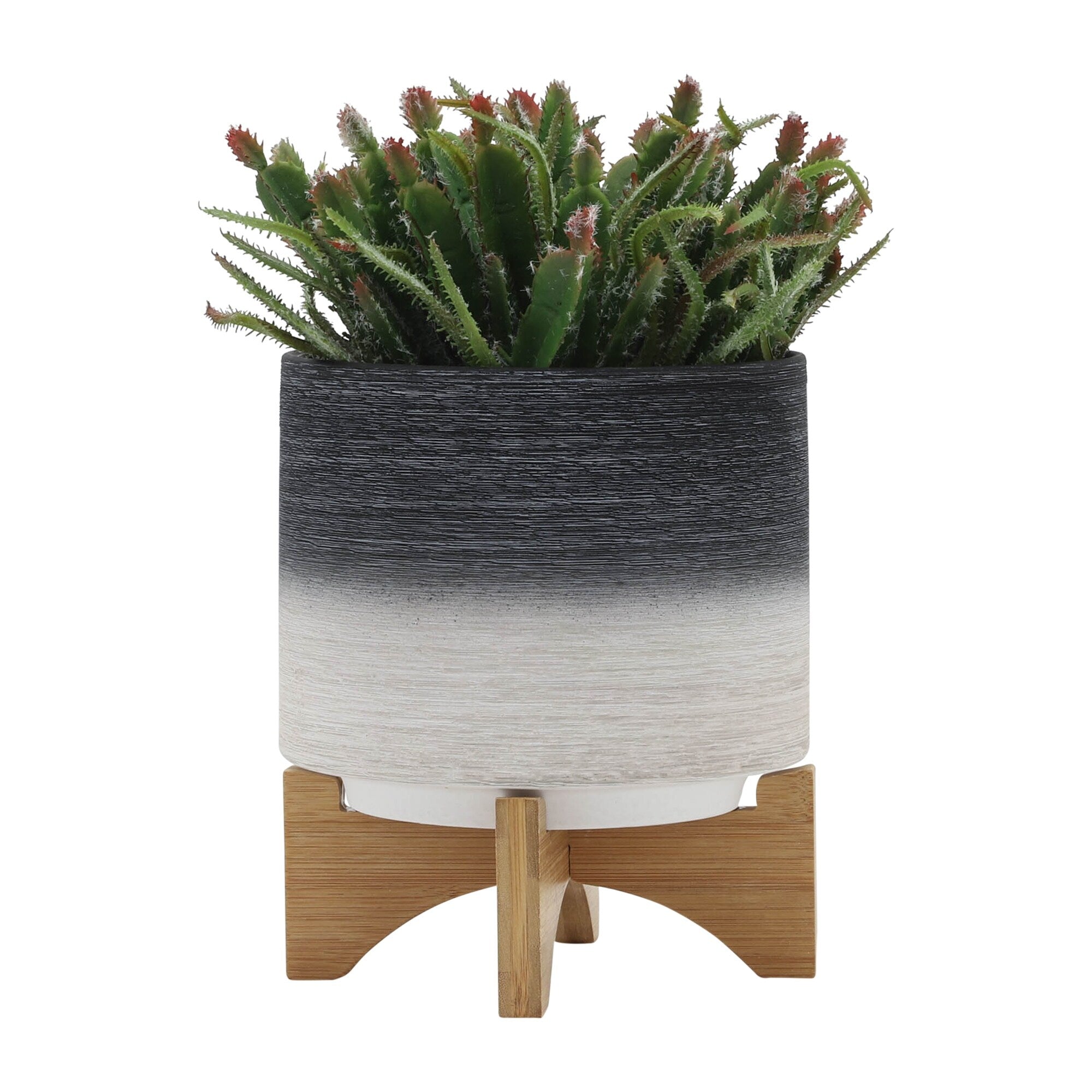 Sagebrook Home Modern Neutral Two Toned Ceramic Planter with Solid Rubberwood Stand