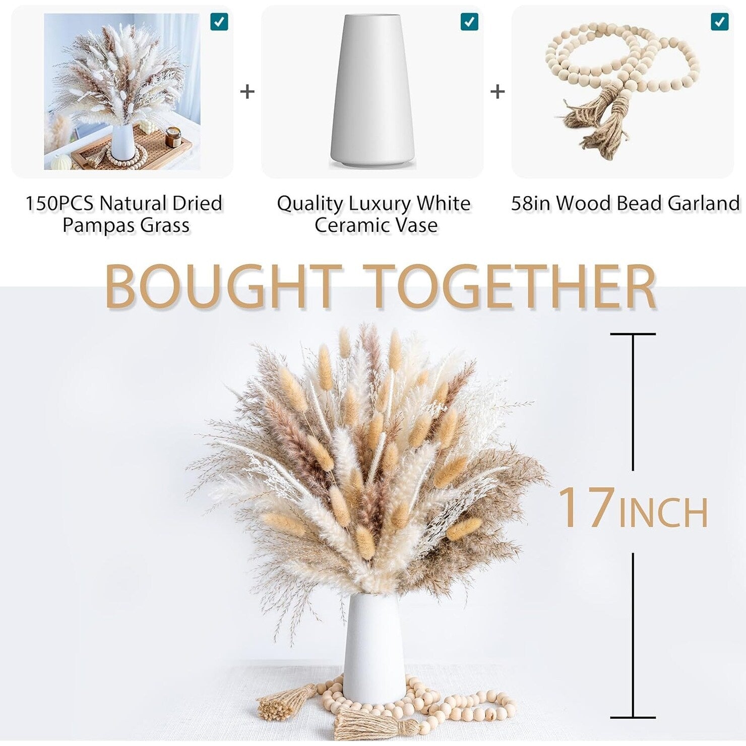 150pcs pampas grass + 1 white ceramic vase + 1 wood Bead garland - 150PCS+VASE+WOOD BEAD