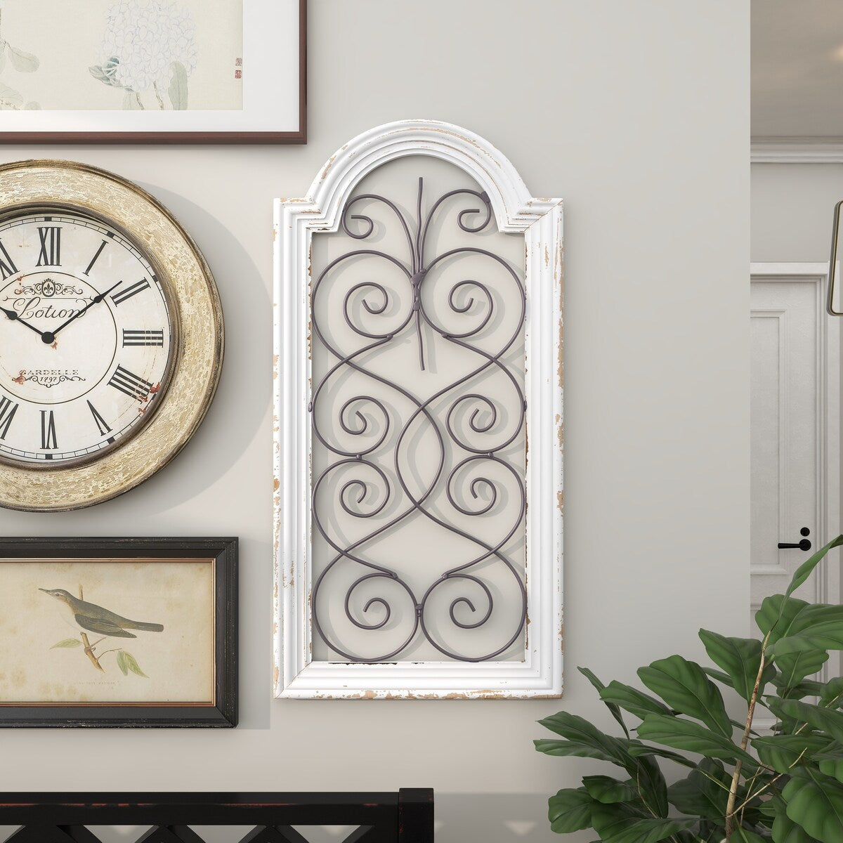 Wood Scroll Arched Window Inspired Home Wall Decor with Metal Scrollwork Relief - White - Roche River Decor