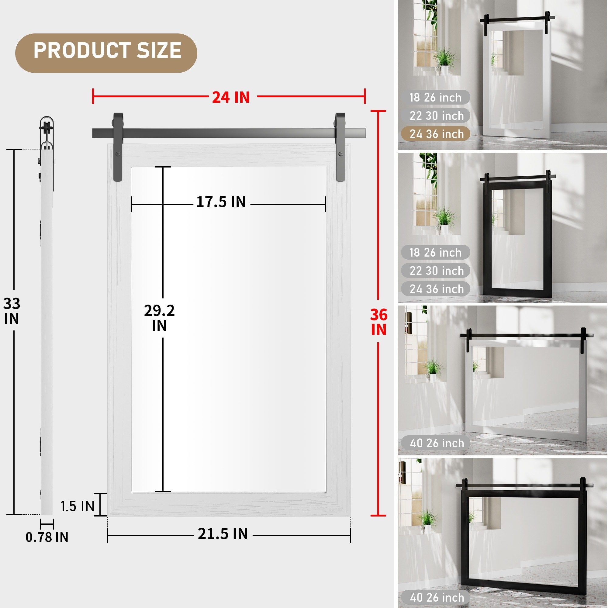 Modern Wall Mirrors, Rectangular Mirror with Wood Framed, Bathroom Mirror Barn Mirror Barn Door Mirror with Multi Size