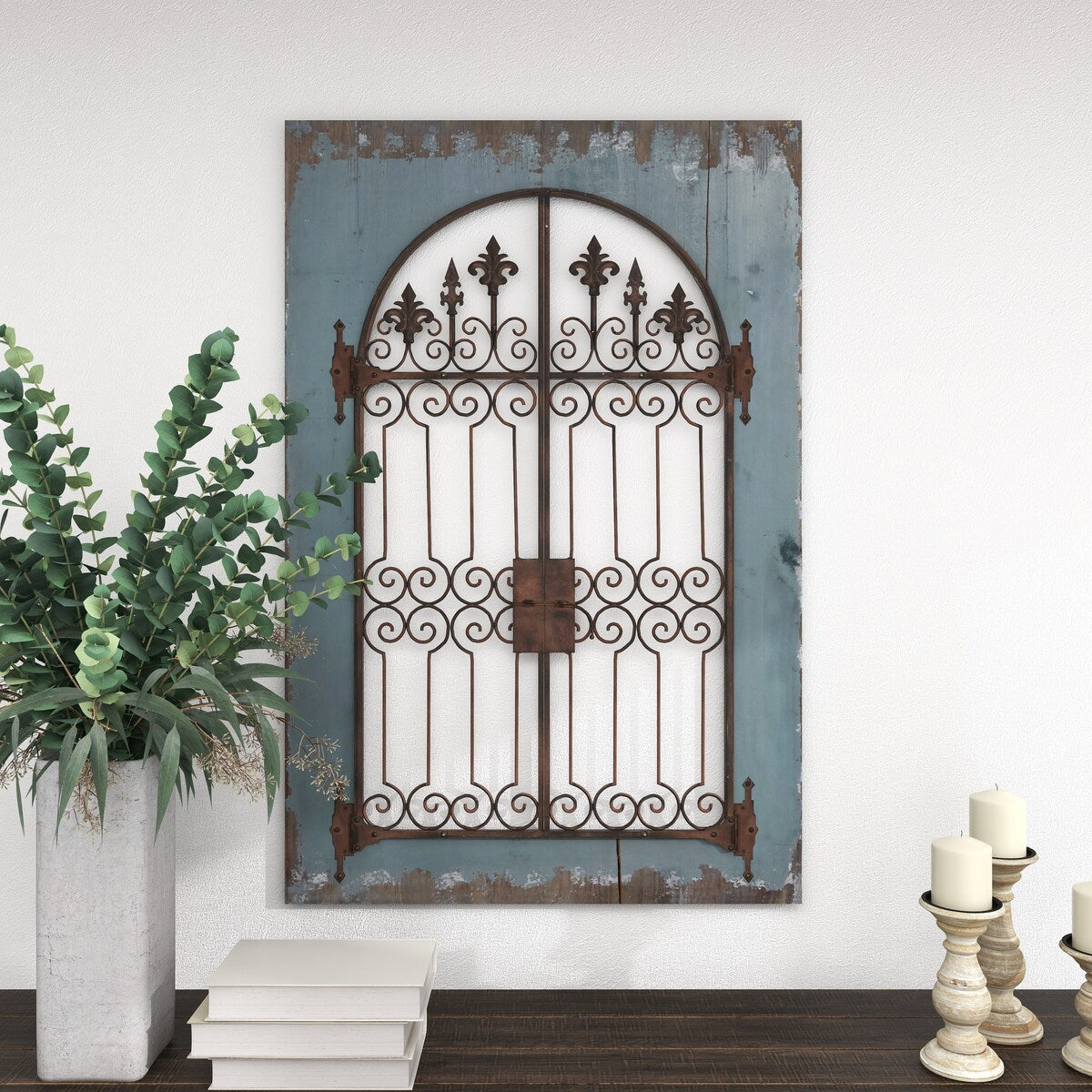 Wood Fleur De Lis Arched Windowpane Home Wall Decor with Rust Metal Scrolled Gate - Blue - Roche River Decor