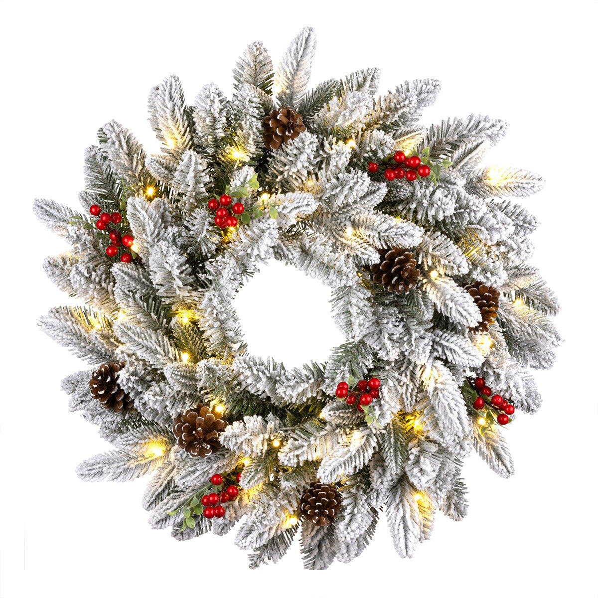 National Tree Company 2 ft. Pre-lit Feel Real Snowberry Pine Artificial Christmas Wreath with Red Berries, Cypress Tips - 2 Foot