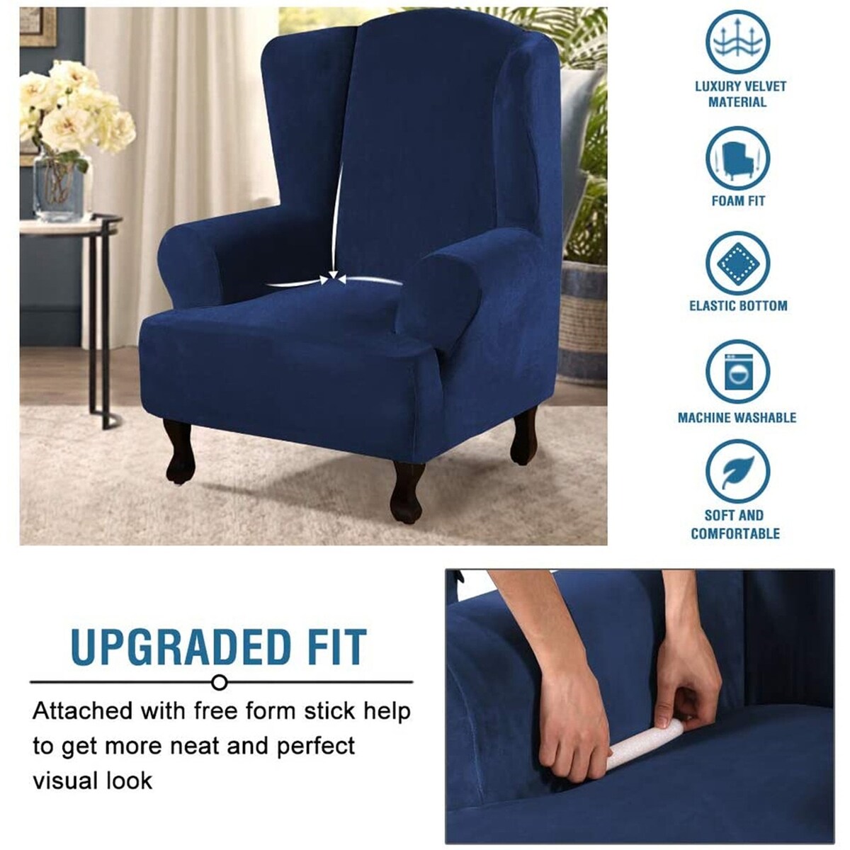 Enova Home 1 Piece Wingback Sofa Chair Covers, Soft High Stretch Velvet Plush Wingback Armchair Slipcovers