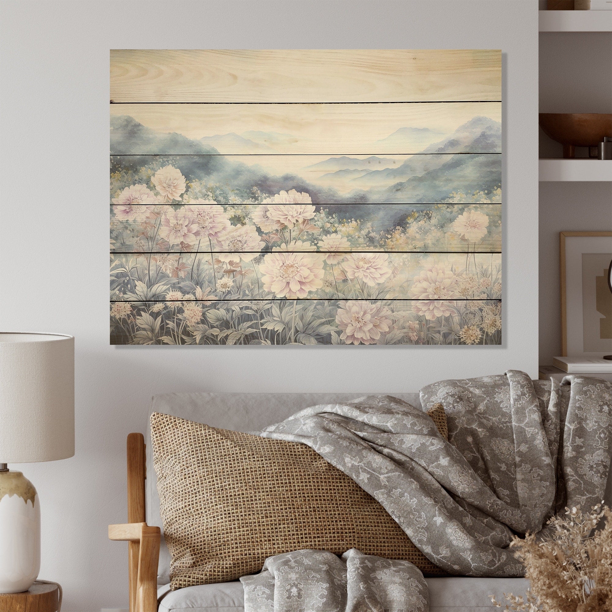 Designart Mums Flowers In Mountain Scenery I Flowers Wood Wall Decor Traditional Pink Wood Panel On Natural Pine Wood