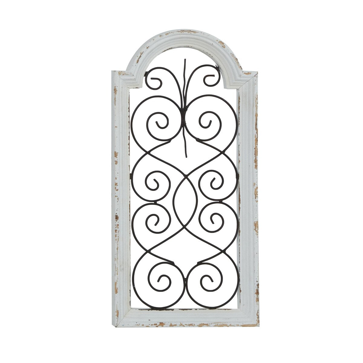 Wood Scroll Arched Window Inspired Home Wall Decor with Metal Scrollwork Relief - White - Roche River Decor