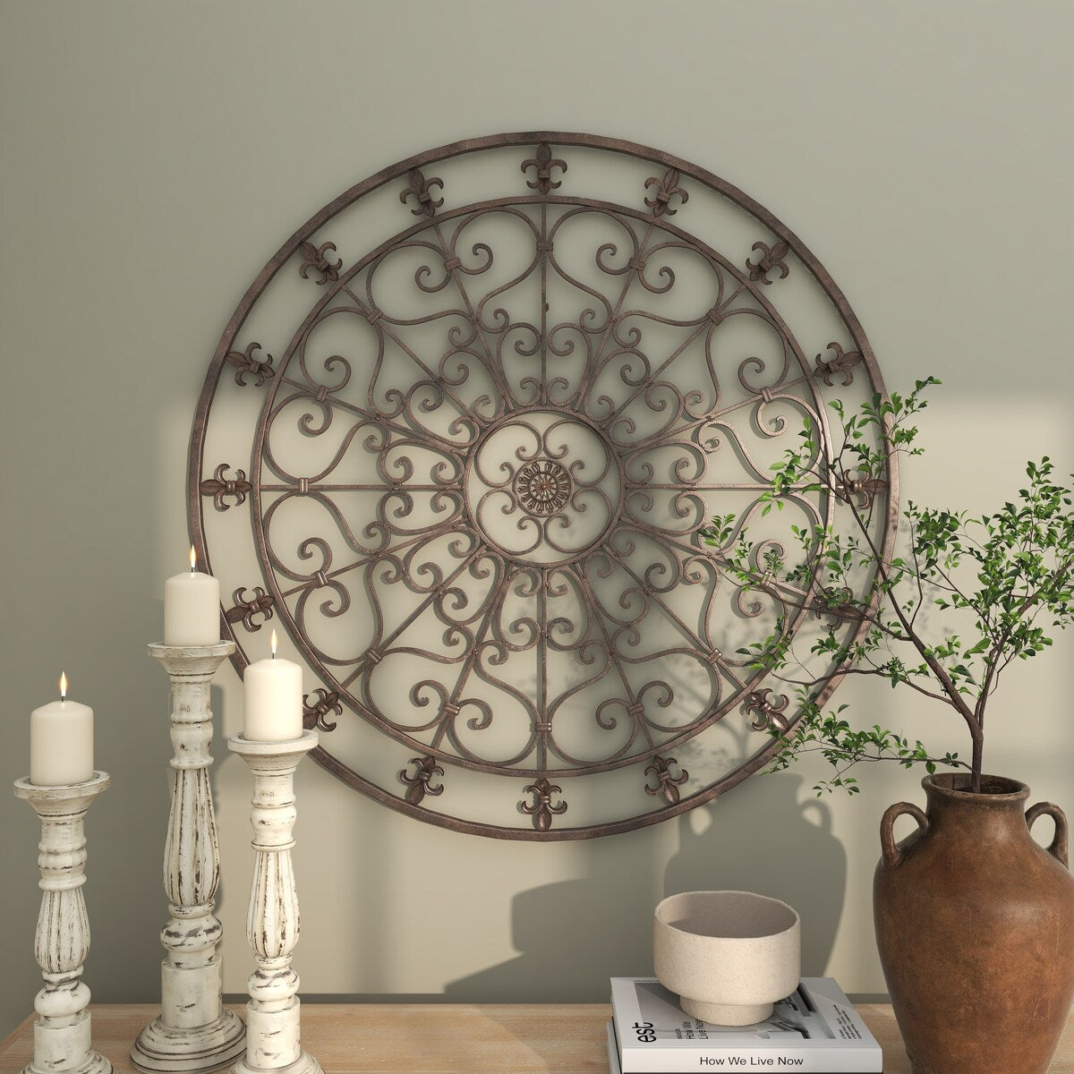 Metal Fleur De Lis Circle Home Wall Decor with Scrollwork - Black - Roche River Decor