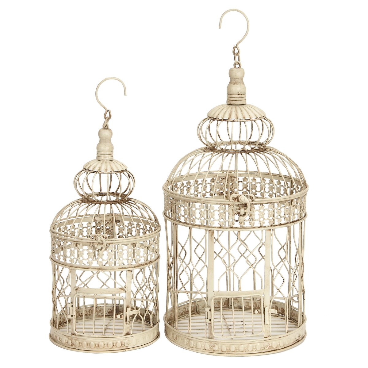 Metal Hinged Top Birdcage with Latch Lock Closure and Hanging Hook - Set of 2 Cream - Roche River Decor