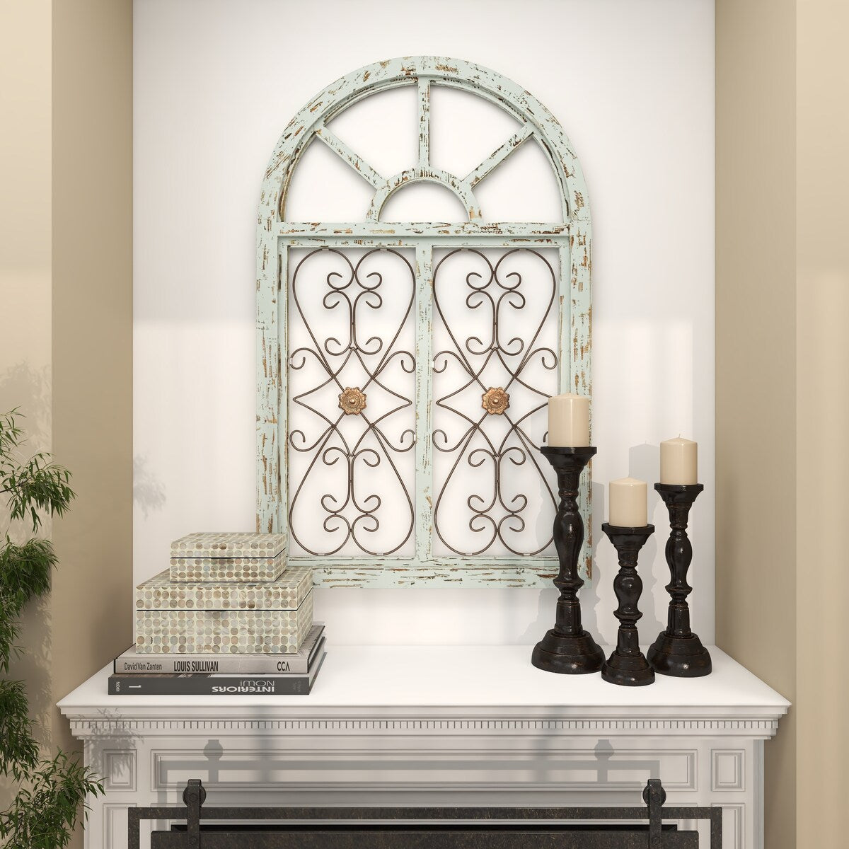 Wood Scroll Arched Window Inspired Home Wall Decor with Metal Scrollwork Relief - Light Blue - Roche River Decor