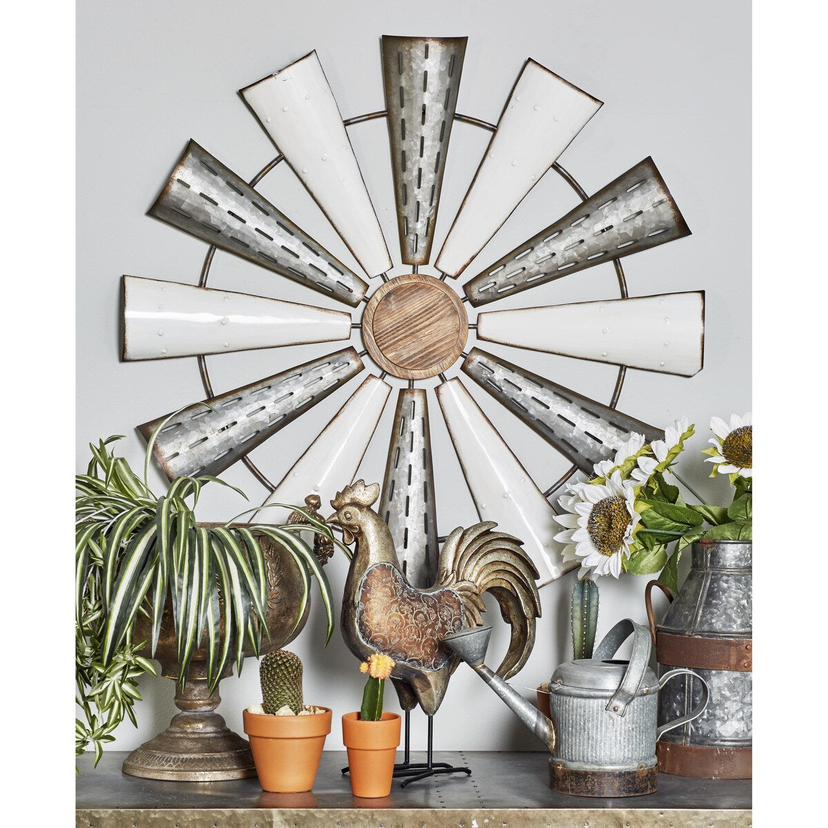 Metal Windmill Home Wall Decor with Galvanized Metal Accents - White - Roche River Decor