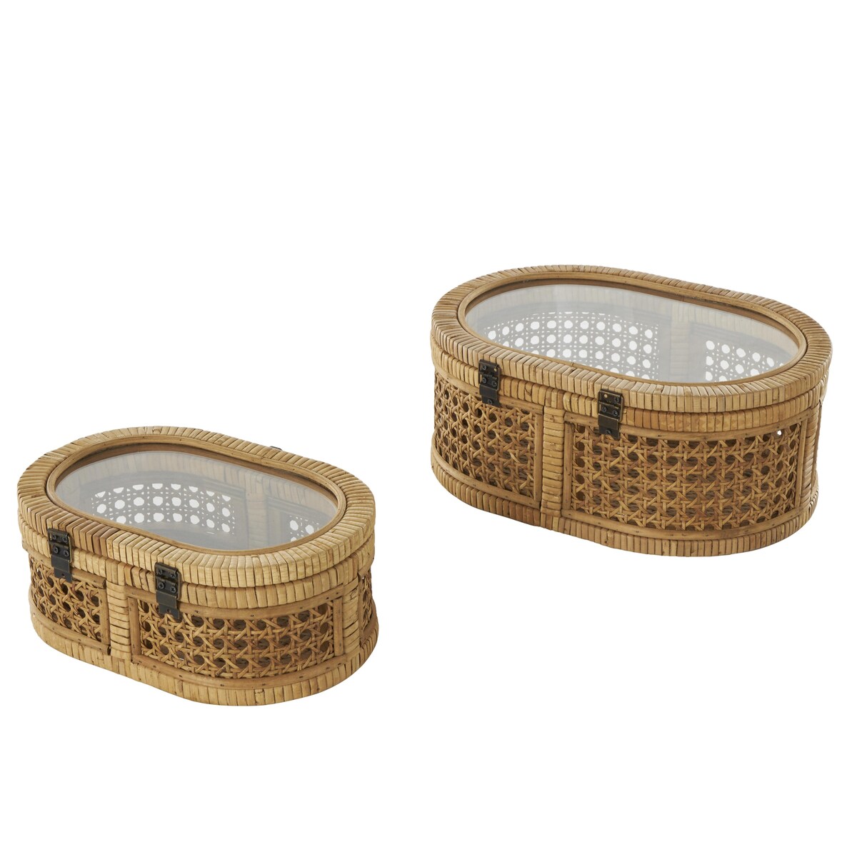 Rattan Handmade Wrapped Oval Storage Decorative Box with Cane Panels and Tempered Glass Top - Set of 2 Brown - Roche River Decor