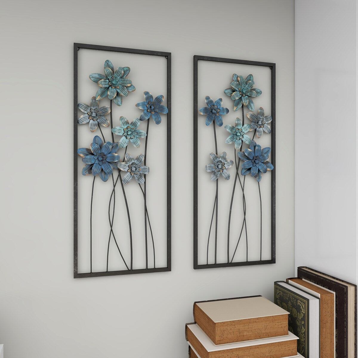 Metal Floral Home Wall Decor with Black Frames and Gold Accents - Set of 2 Teal - Roche River Decor