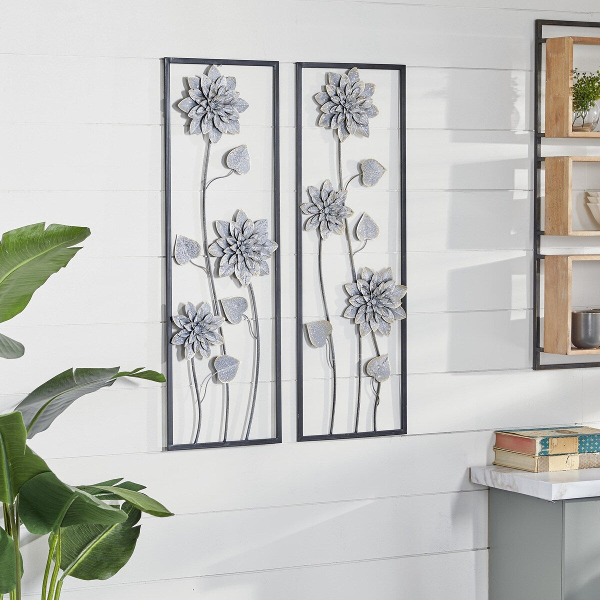 Metal Floral Home Wall Decor with Black Frame - Set of 2 Gray - Roche River Decor